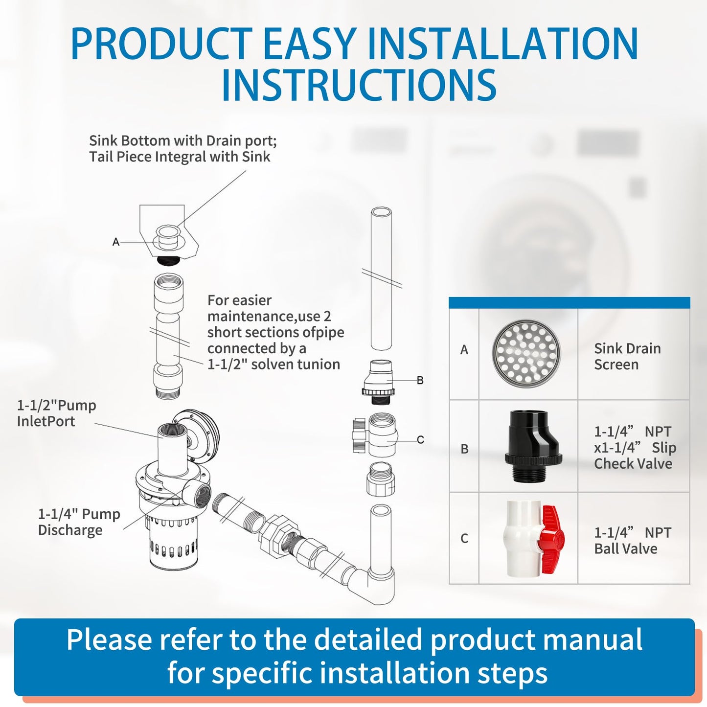 Automatic Utility Sink Drain Pump Directly Installed Under the Sink for Laundry & Basement, 1/3 HP Gravity Free Drainage Sink Pump with Drainage Filter Screen & Check Valve & Ball Valve