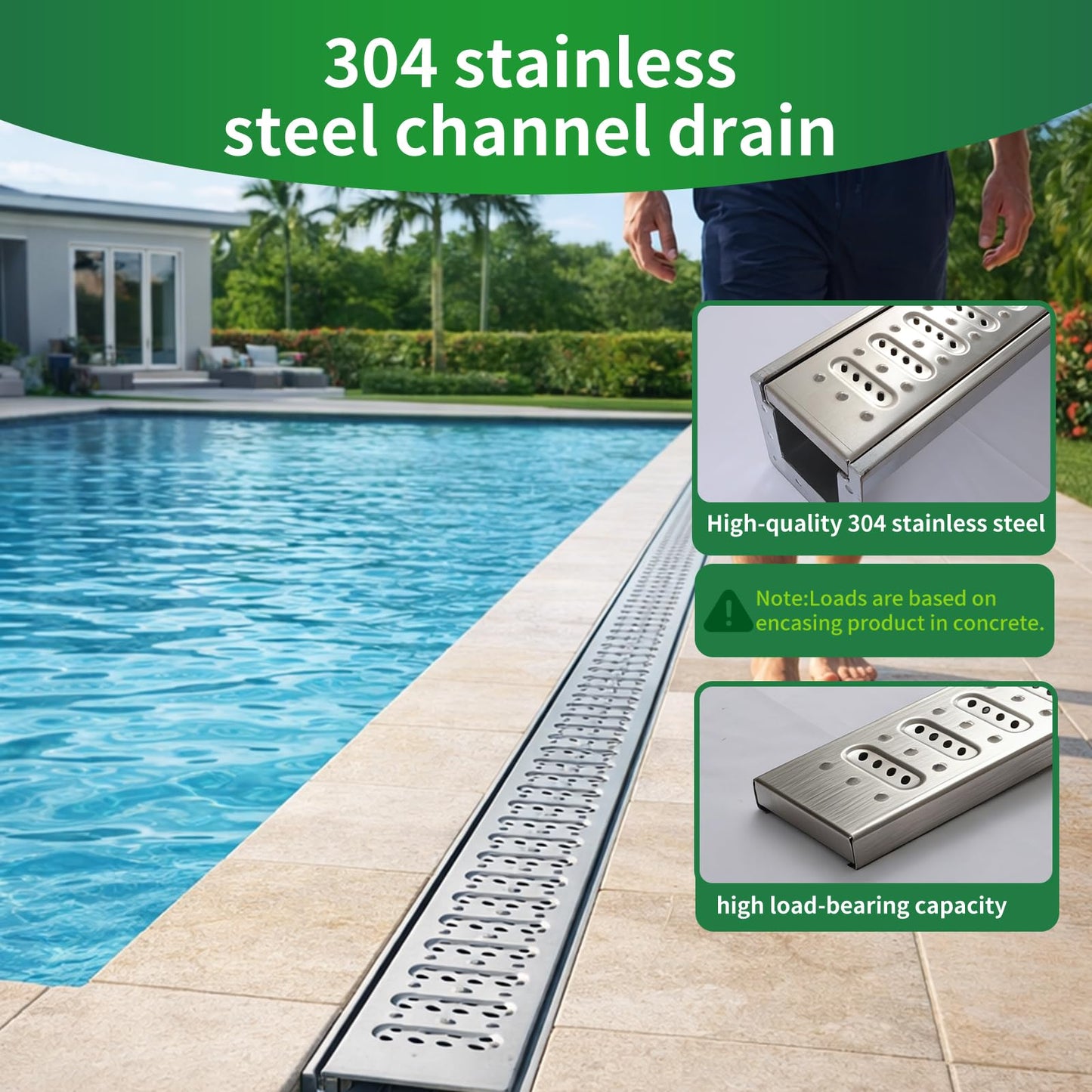 304 Stainless Steel Channel Drain with Drain Grate,39.4Lx5.9Wx5.5H in A15 Deep Profile Trench Drain System for 3”Pipe.Channel Drain Kit for Patios, Commercial, Pool Decks, Walkways,Yard Drainage.