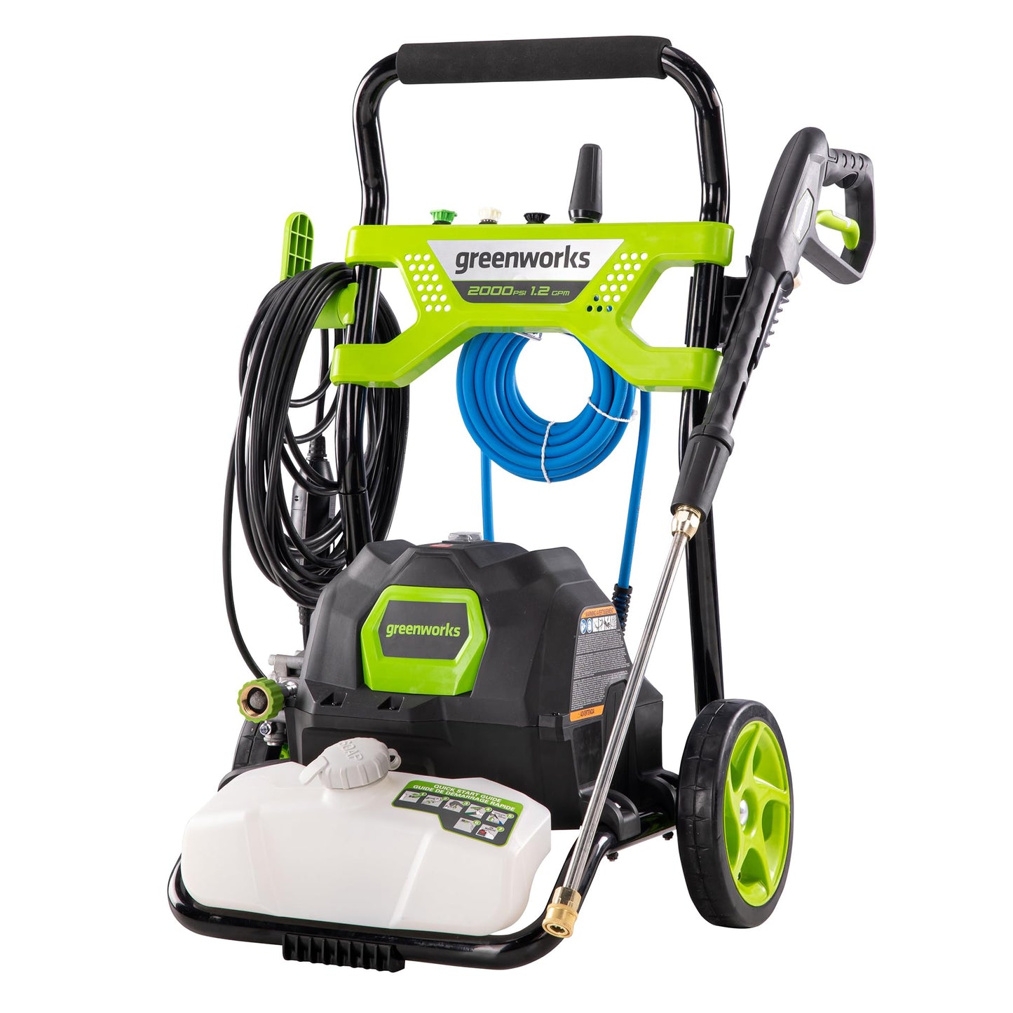 Greenworks 2000 PSI (1.2 GPM) Electric Pressure Washer, Steel Wand, On-Board Soap Tank (25°, 40°, Soap, and Turbo Nozzle)