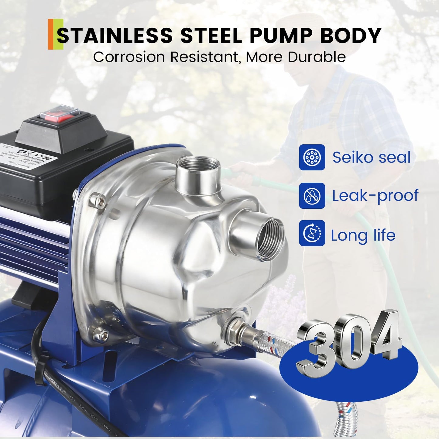 1HP Stainless Steel Shallow Well Pump with Pressure Tank – 130ft Max Lift, 20ft Suction Lift, Automatic Pressure Switch, Water Transfer & Irrigation Combo for Farm, Cabin & Home Use
