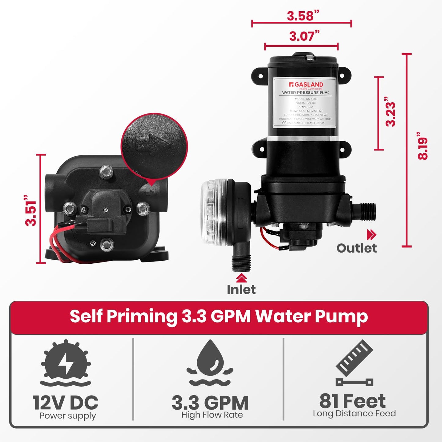 GASALND 12V DC Water Pressure Pump, 3.3GPM 40PSI On Demand Diaphragm Pump, Self-Priming Water Pump with Pressure Switch for Camper, Marine, RV Kitchen, Bathroom, and Gas Hot Water System