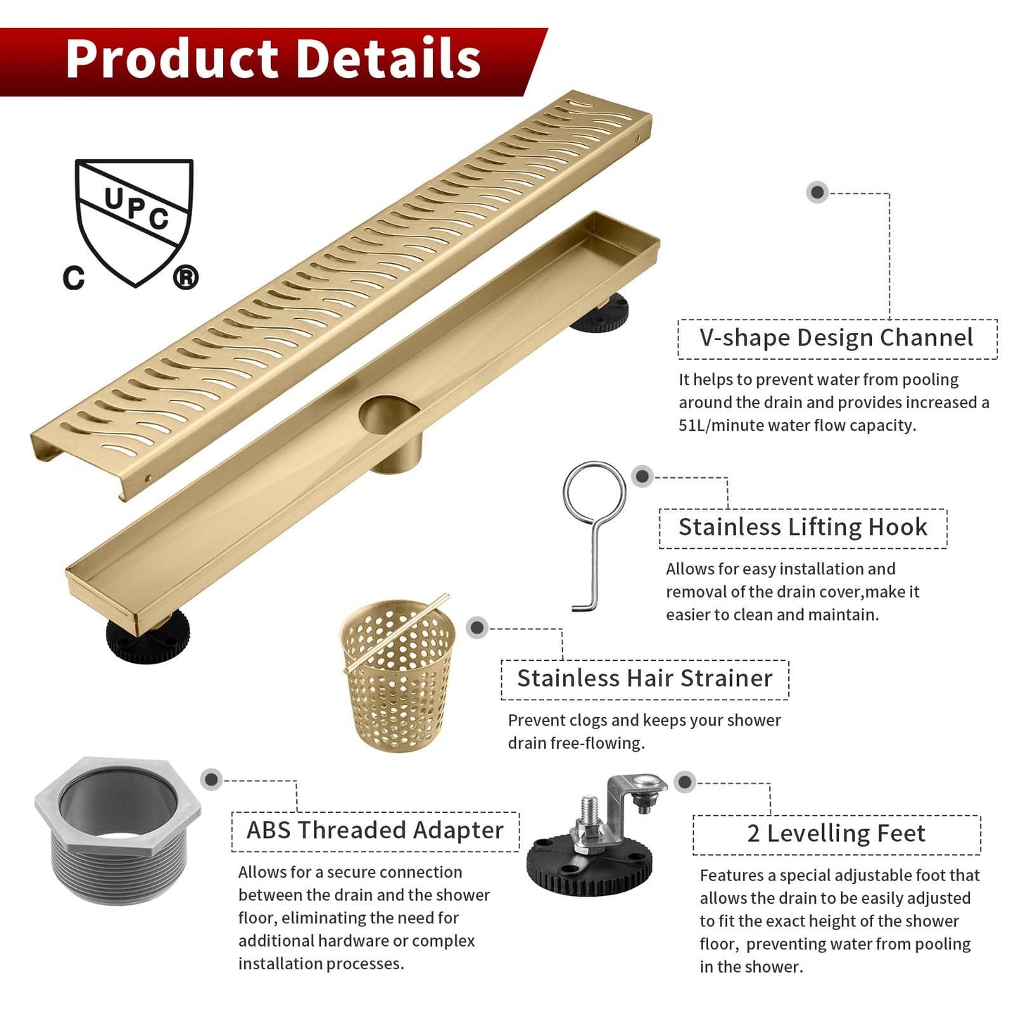 Sharp-tec Linear Shower Drain, 48 inch Shower Drain with Removable Pattern Cover, Brushed Gold 304 Stainless Steel Rectangle Floor Drain, Adjustable Feet and Hair Strainer Included