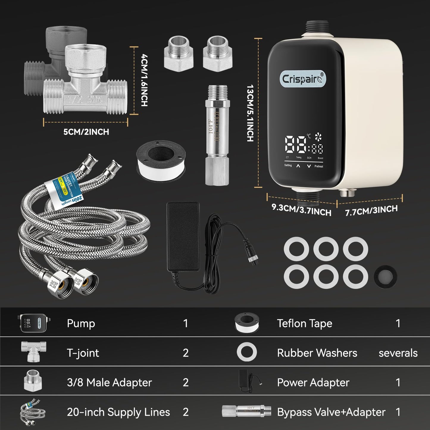 Crispaire Digital Smart Instant Hot Water Recirculating Pump Kit - Touch Screen Control, Under Sink Installation, 20" PEX Supply Line for Potable Water, Complete All-in-One Plumbing Solution