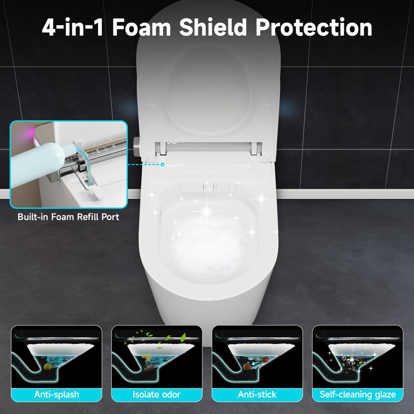Smart Toilet with Tank Built in, Elongated Bidet Toilet with 1000g MAP Powerful Flush, ADA Comfort Height, Auto Open/Close Lid, UV-C Light, Foam Shield, Heated Seat, Warm Water, Dryer
