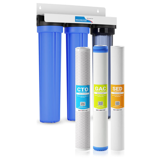 Max Water 3 Stage 20 x 2.5 Whole House Water Filtration System (Sediment, Organic Compounds, Taste & Odor) - 5 Micron PP Sediment, GAC Carbon, CTO Water Filters for Cottage Water - 3/4" Inlet/Outlet