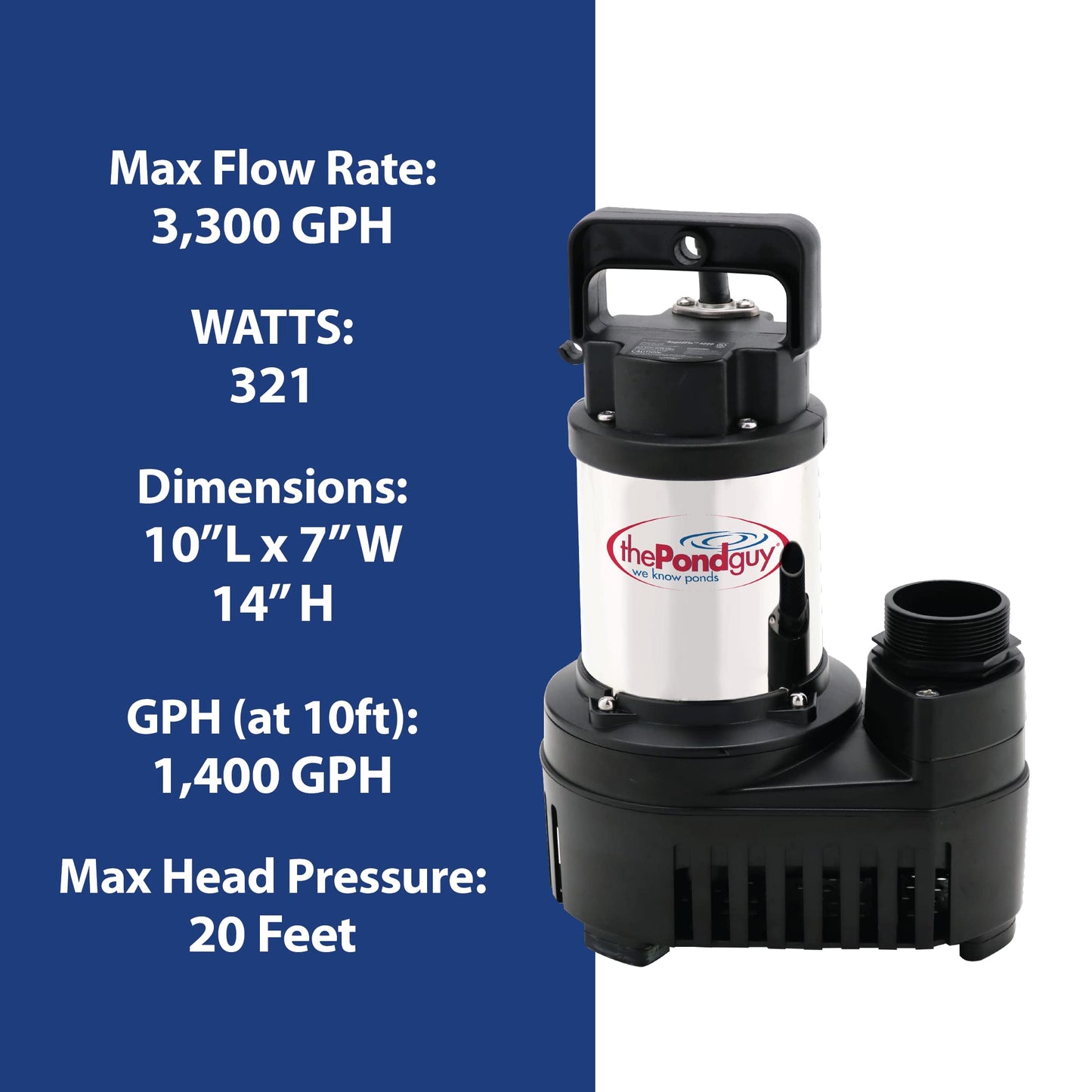 The Pond Guy RapidFlo Submersible Outdoor Water Pump, Perfect for Ponds, Waterfalls, Streams, Hydroponics & Pondless Features, Easy Install, Energy Saving, Quiet, Powerful Flow, Asynchronous, 3000 GPH