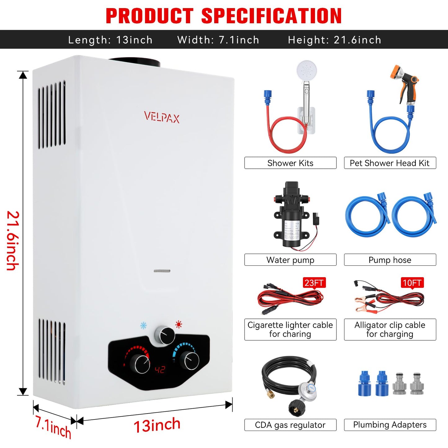 Tankless Water Heater Propane,2.64GPM 10L Outdoor Portable water heater,with 2 GPM Water Pump, Instant Propane water heater with Digital Display Multi-Protection for Camping Trips