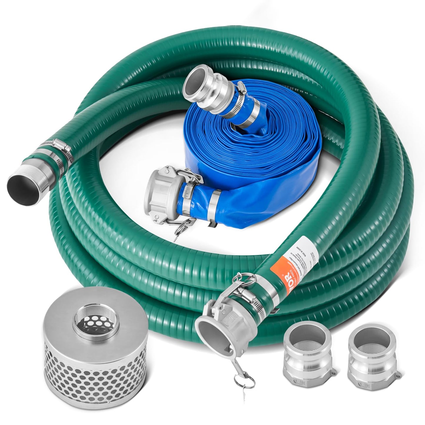 VEVOR Suction Hose Kit for Water Pump, with 2 in x 50 ft Blue Backwash Hose, 20 ft Green Suction Hose, and Steel Round Hole Strainer, Camlocks, Clamps, Cam & Groove Adapter, for Multiple Purposes