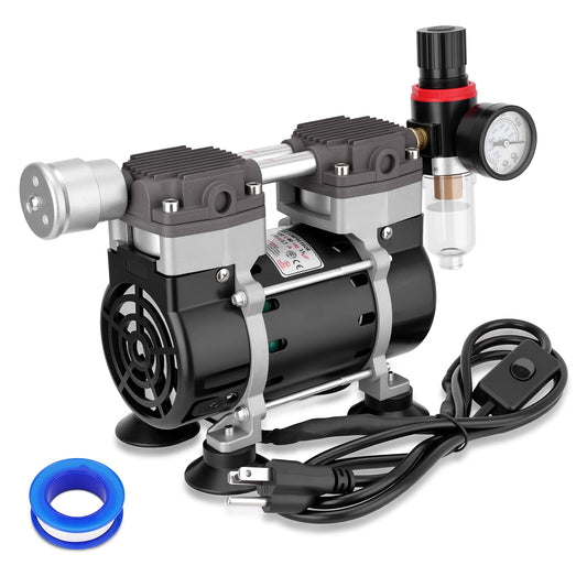 50L/Min Vacuum Pump 2 Holes Oilless Lab Pump with Switch Oil-Water Separator Pressure Gauge Connector Silencer Tape Rubber Feet for Laboratory Industry Home Low Noise and High Vacuum 110V 180w 60Hz