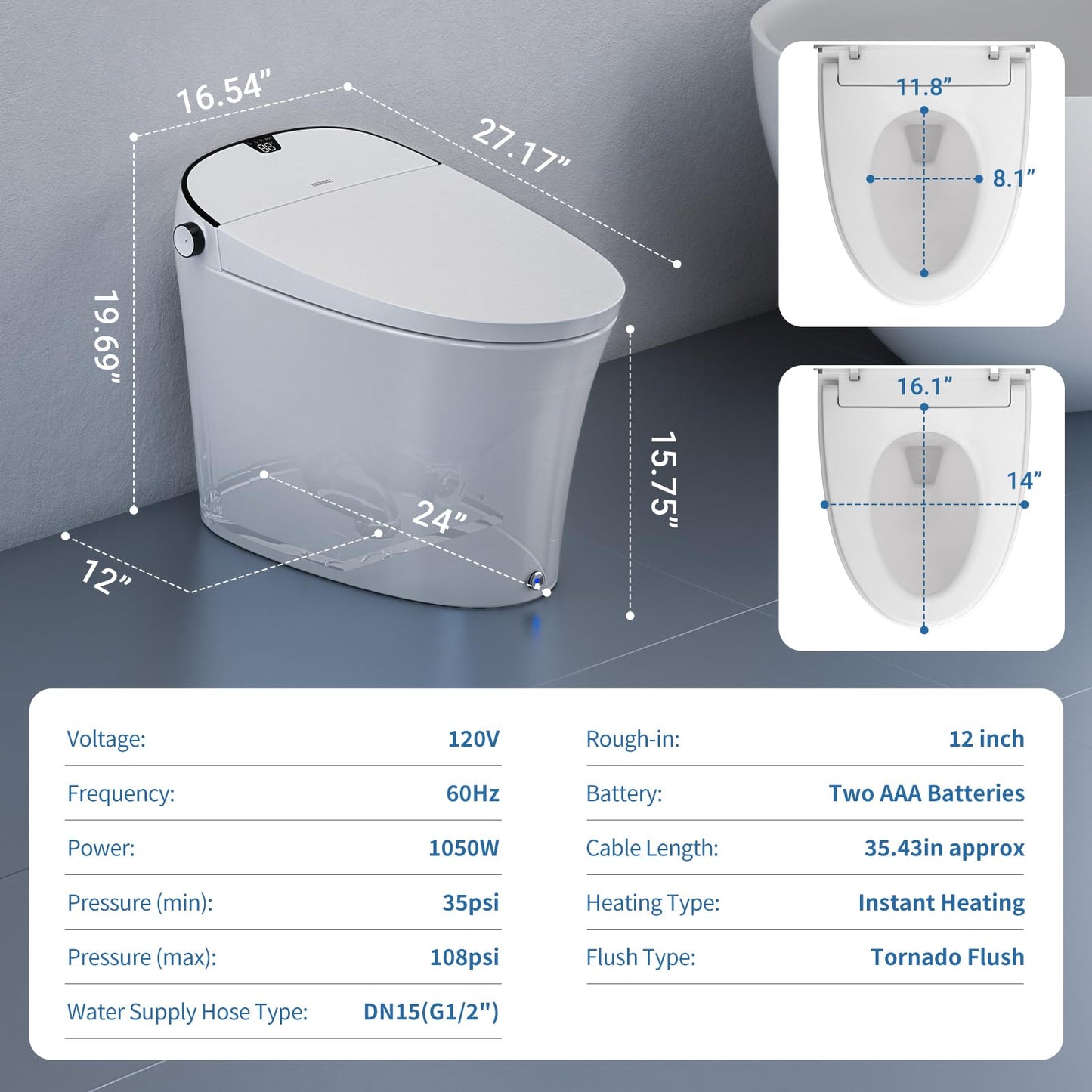 AKNIRL Smart Toilet with Bidet Built in, Luxury Bidet Toilet with Tank, Foam Dispenser for Self-Cleaning Shield, Heated Seat, Instant Warm Water & Dryer, Pump-Assist & Kick Flush, Digital Display