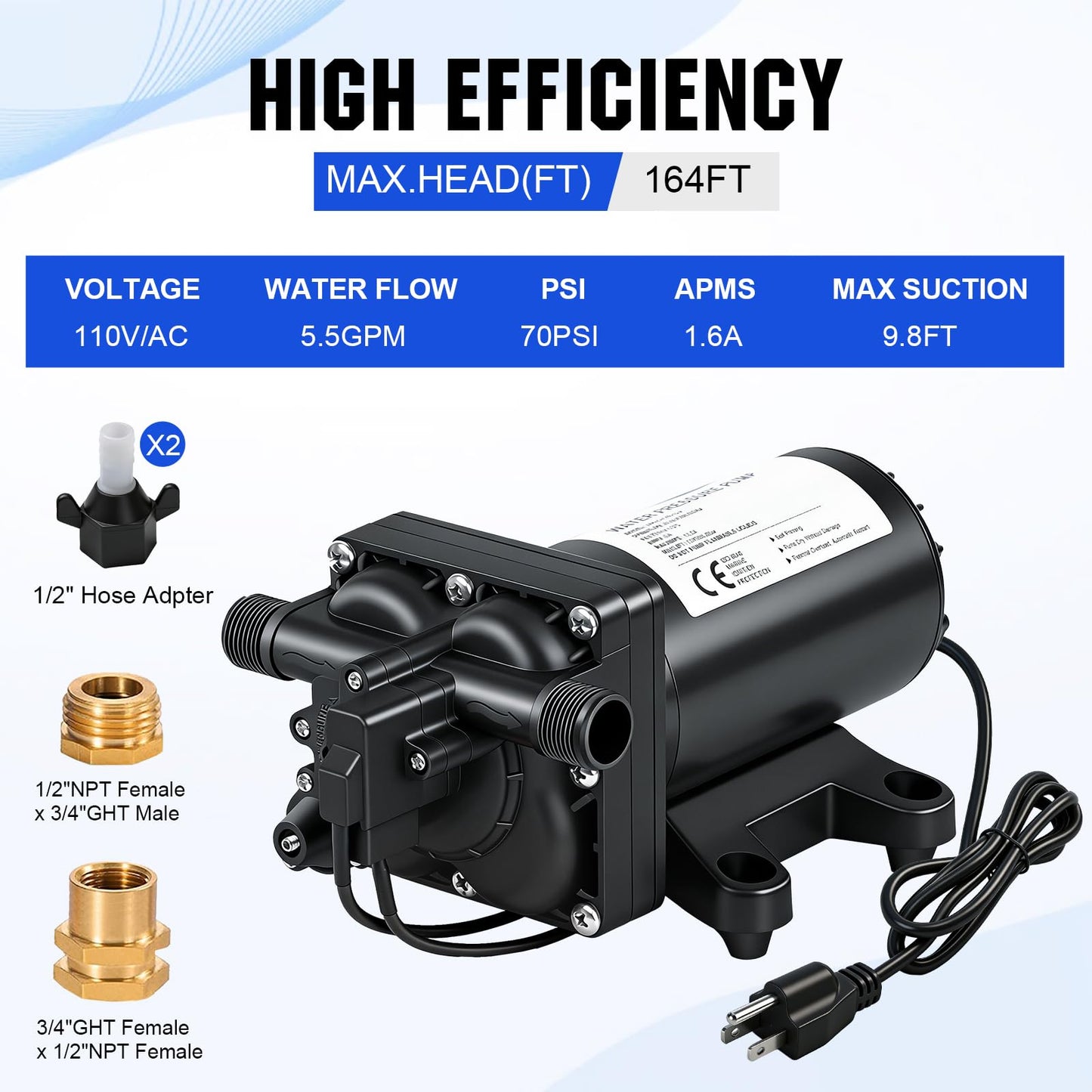 ECO-WORTHY 110V AC Fresh Transfer Diaphragm Water Pump On Demand 5.5GPM 70PSI High Pressure Water Booster Pump 110 Volt with Pressure Switch for Irrigation Garden Hose Sprinkler Home RV