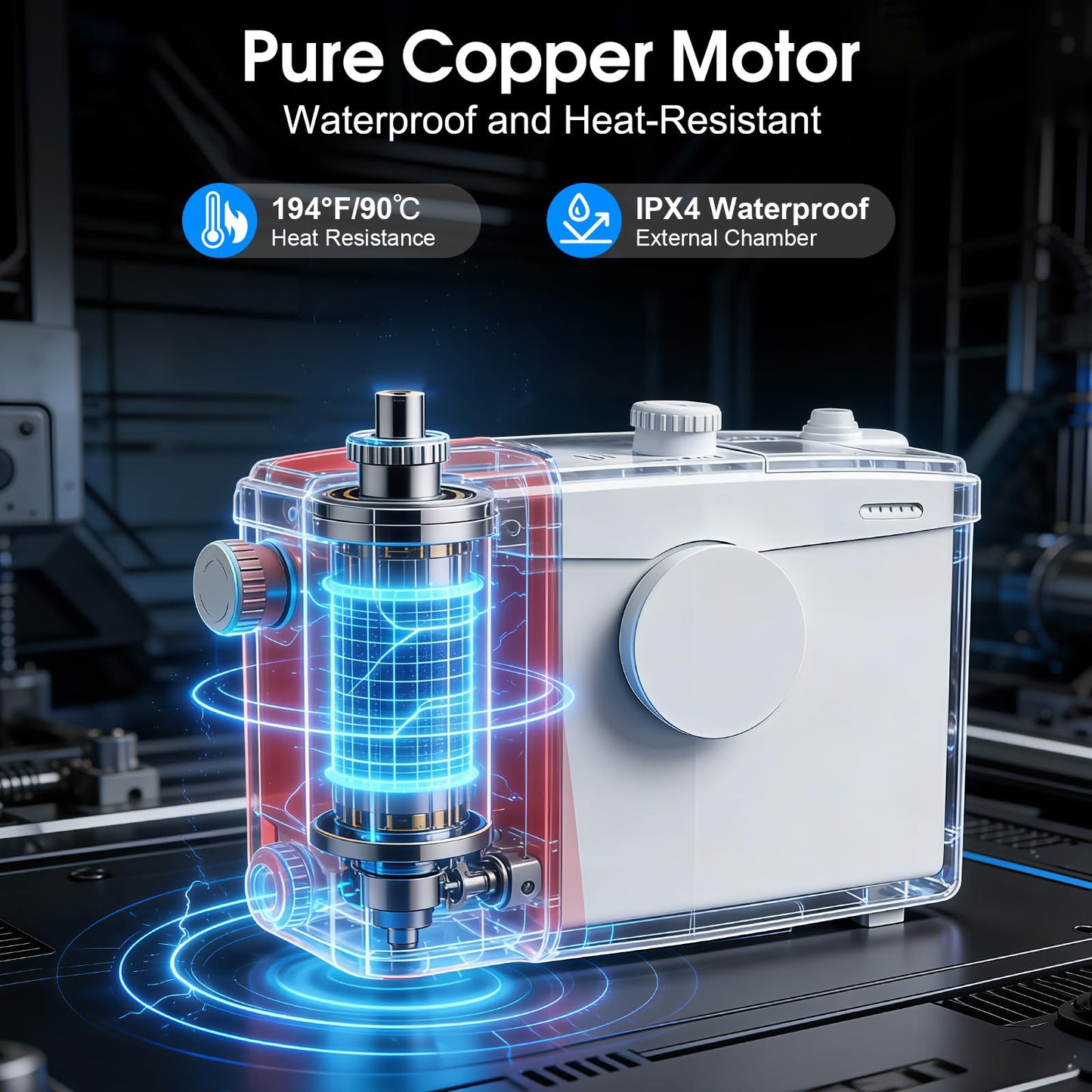 FIXCHIGO 1500W Macerator Pump, Macerating Toilet System with 4 Inlets/2 Outlets, 48 GPM Flow, 42.7 FT Head, PCB Smart Control Sewage Pump for Basement, Sink, Toilet, Laundry, Kitchen