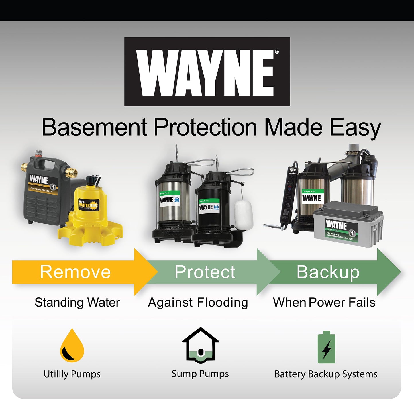 Wayne 1 HP Heavy Duty Submerisble Cast Iron and Stainless Steel Sump Pump with NEW Switch - Removes up to 6,100 Gallons of Water Per Hour