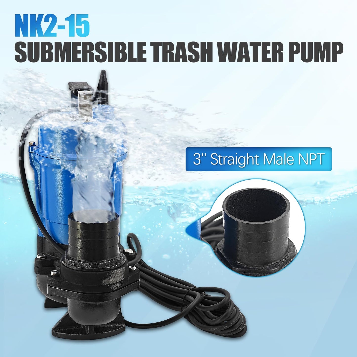 NK2-15 2 HP 110 V 3 in Discharge Electric Submersible Pump Replacement for NK2-15 Sewage Effluent Dewatering Pump Single Phase 110 GPM / 6600 GPH 3420 RPM