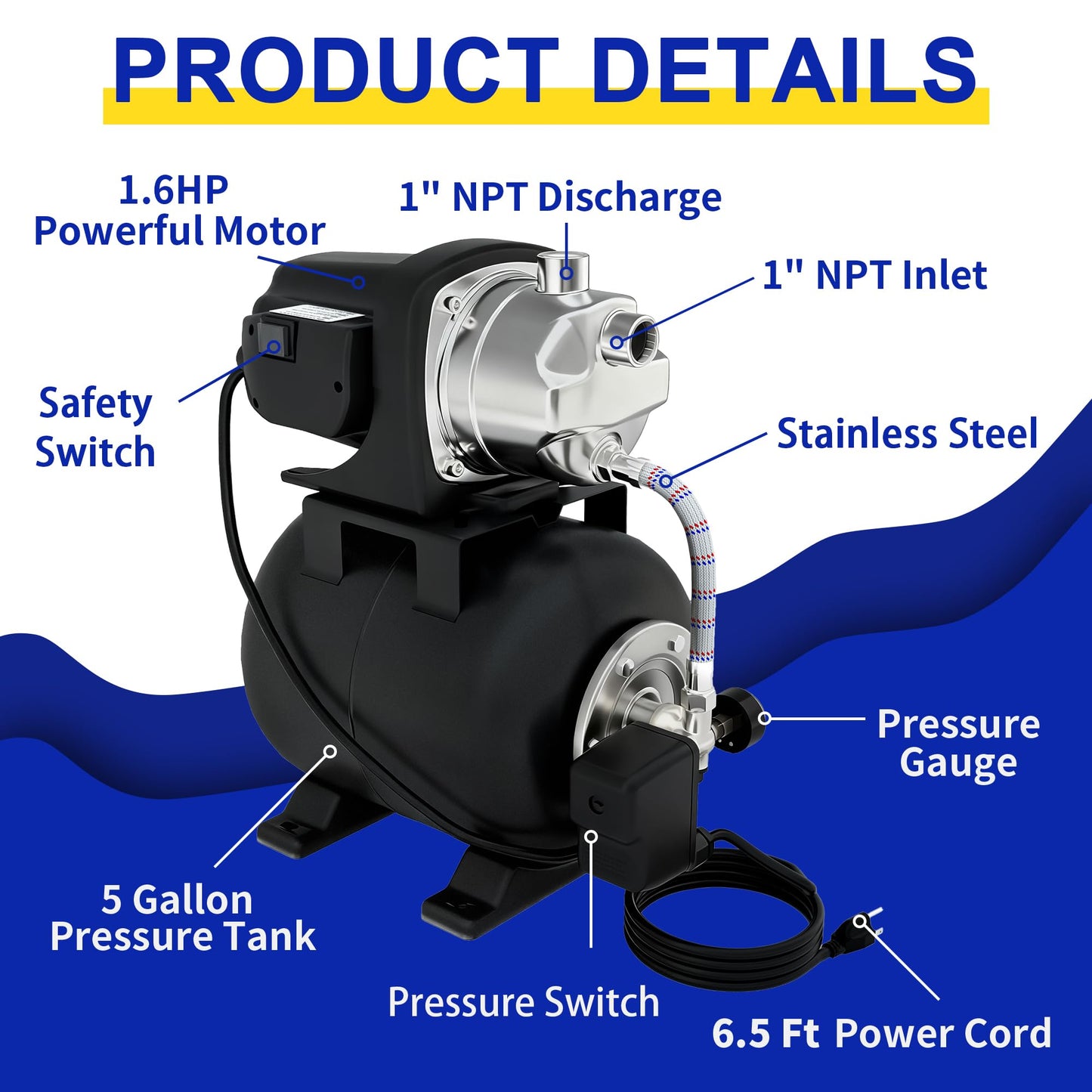 LANCHEZ Shallow Well Pump, Stainless Steel Water Transfer Pump, 115V Garden Irrigation Pump, Water Booster Jet Pump for Home Garden Lawn Farm, Matte black