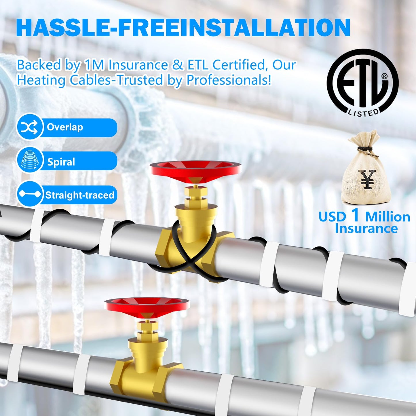 TOPDURE Sewage Pipe Heating Cable 150 FT 120V Self-Regulating for Freeze Protection in Wastewater Systems, Sump Pumps and Roof De-Icing with Fluoropolymer Corrosion-Proof Technology
