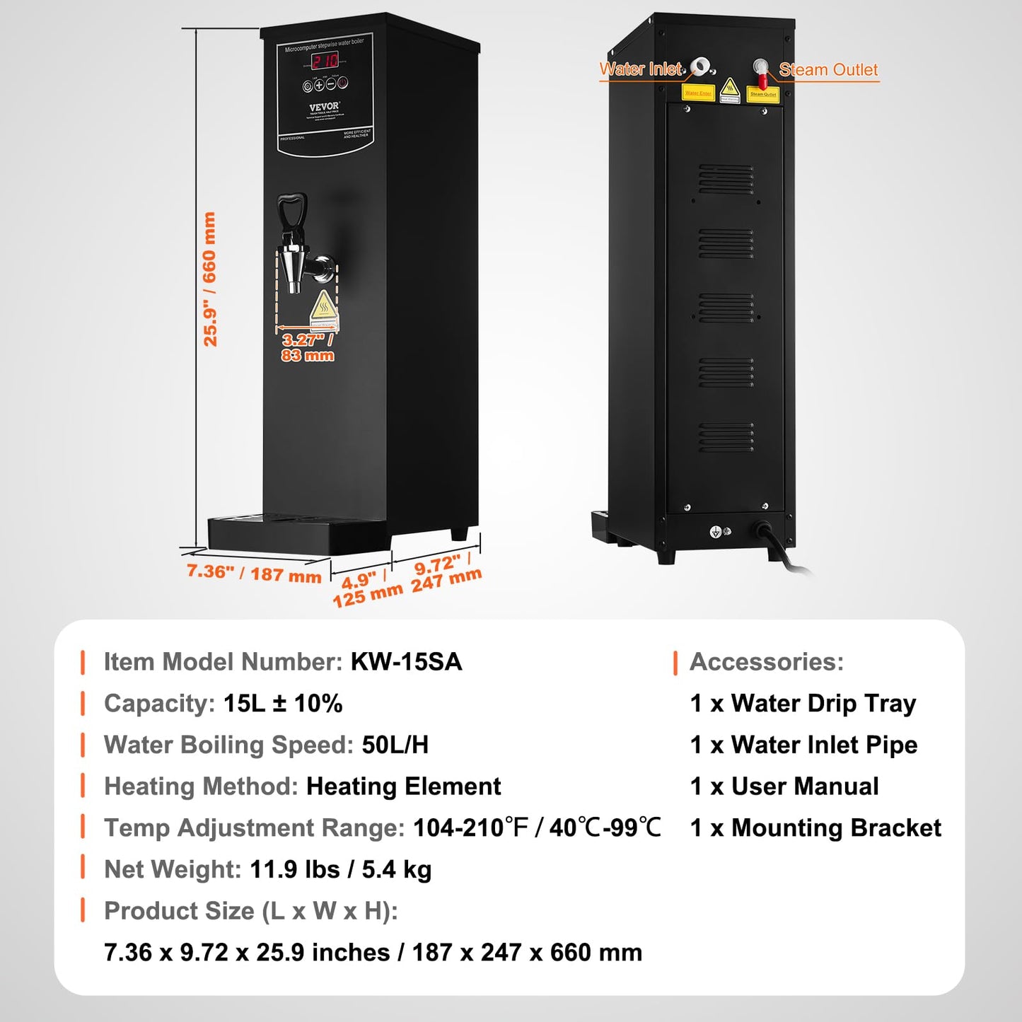VEVOR Commercial Water Boiler, 15L Electric Hot Water Dispenser with 316 Stainless Steel Heating Tube, 1500W Step-by-step Fast Heating 50L/H Hot Water Boiler, for Coffee Tea Restaurant Office