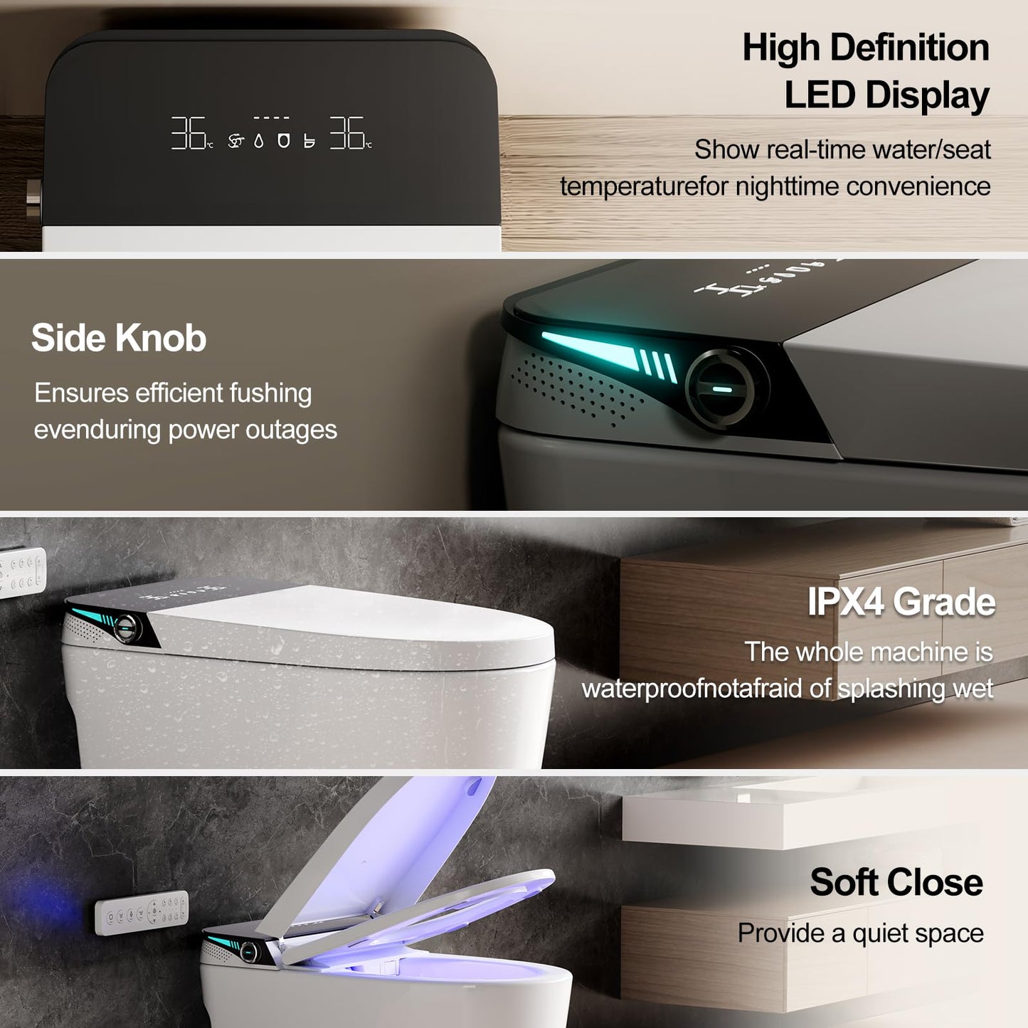 Smart Bidet Toilet, One Piece Elongated Heated Toilet with Auto Open Close,Auto Flush,Foot Sensor,Warm Water Wash,Air Dryer,Self-Cleaning Nozzle,ADA Compliant Height, Tankless Modern Bathroom Toilet
