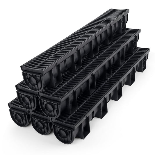 FAHKNS 6 Pack Trench Drain System, 5.9x5.1x39 Inch HDPE Drainage Trench,Black Driveway Trench Drain, Drainage Channel for Vehicle Passages, Patios, Garden Paths,Pool