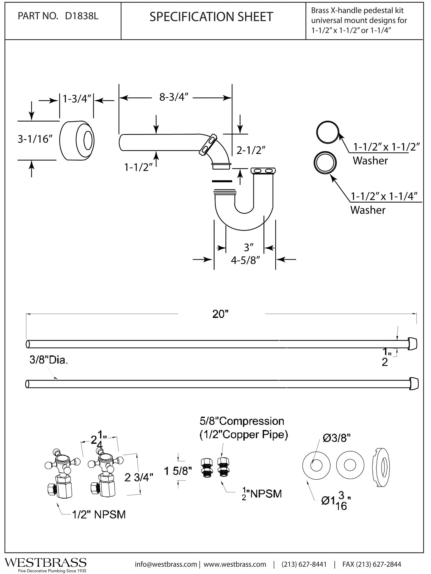 Westbrass A1838L-07 Freestanding Pedestal Sink Faucet Supply Line Risers with P-Trap, Flanges and Cross Handles, Satin Nickel