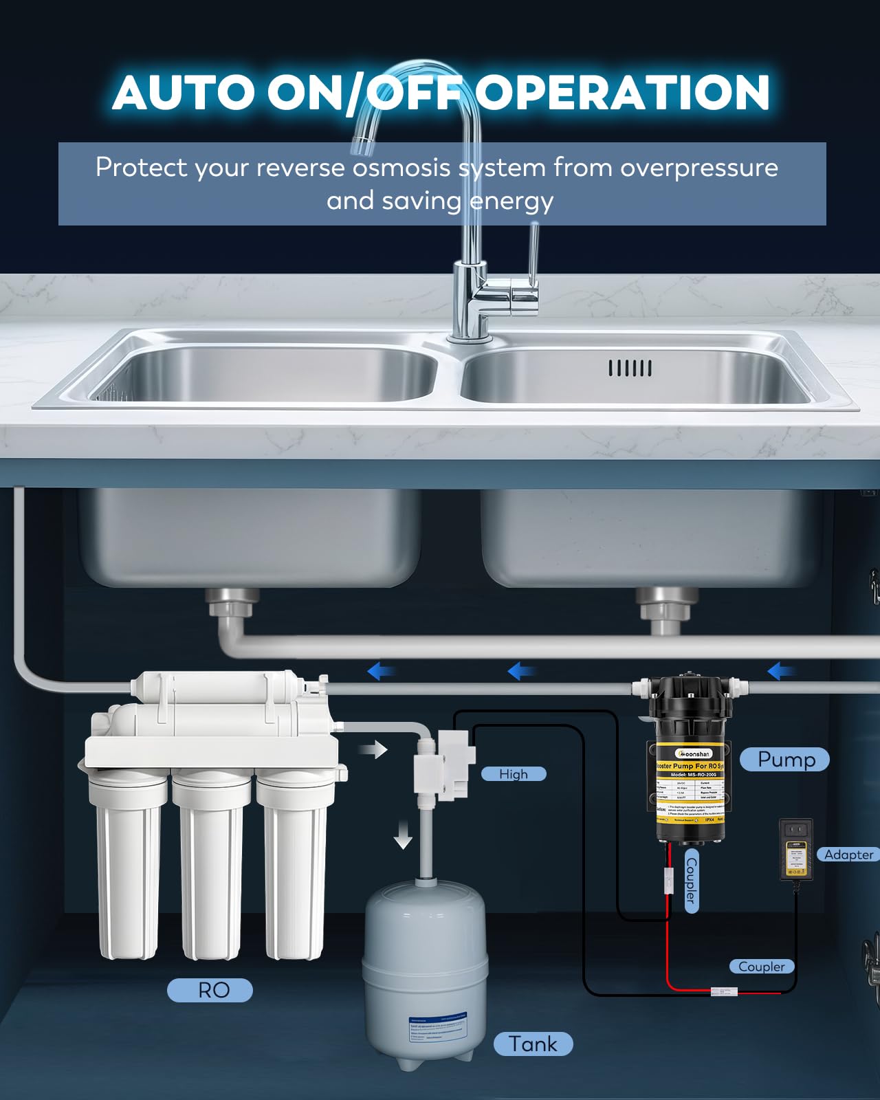 Moonshan 200GPD Booster Pump for RO System Complete Kit Suitable for Home Reverse Osmosis Water Filter System Quick-Connection Design High Pressure Switch Pressure Adjustable (8800)