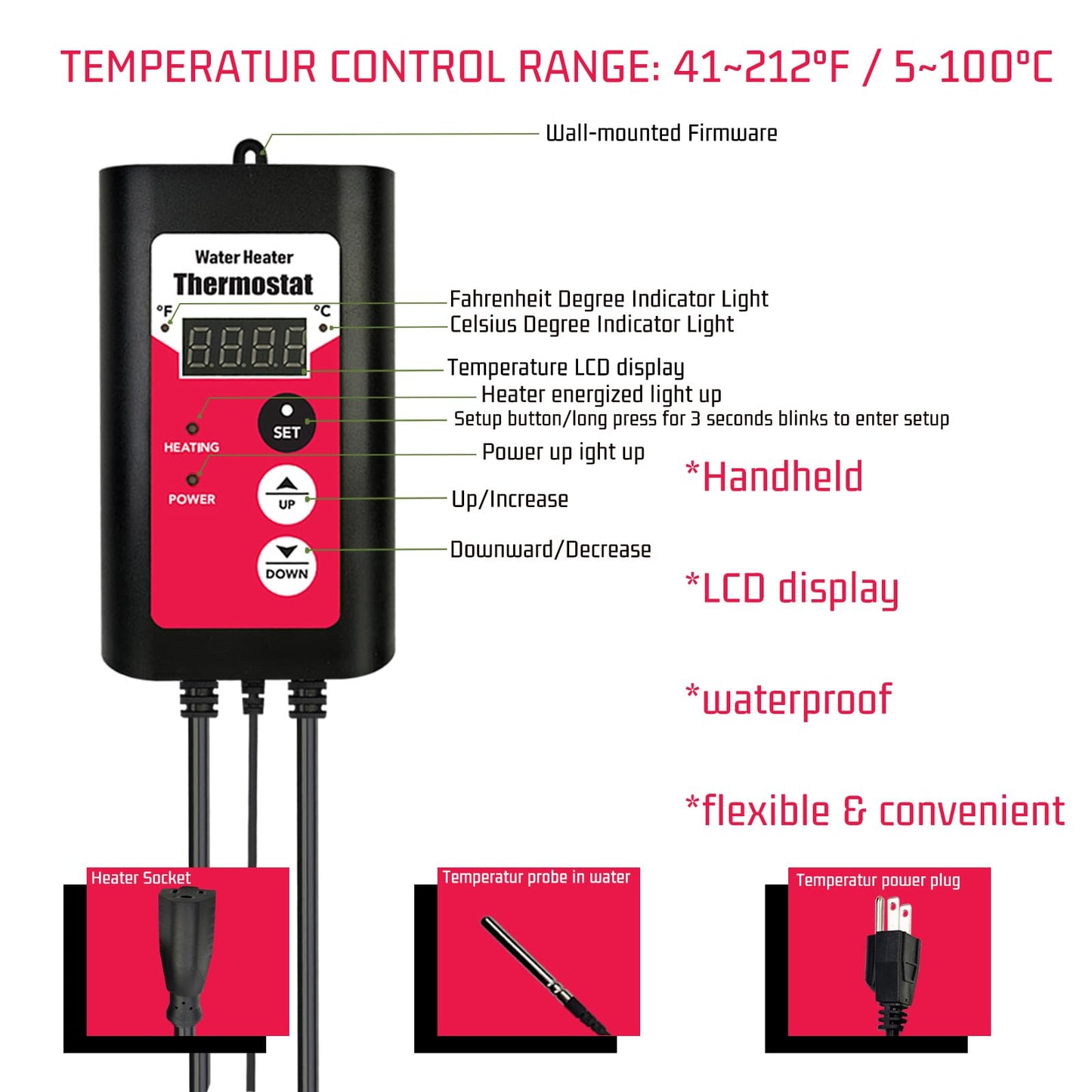 YLboyLIAN 1300W Titanium Immersion Pool & Bathtub Water Heater Portable Electric Submersible Heater with Temp Control & GFCI for Pond, Above Ground Pool, Inflatable Pool, Baptistry, Baptism & Hot Tub