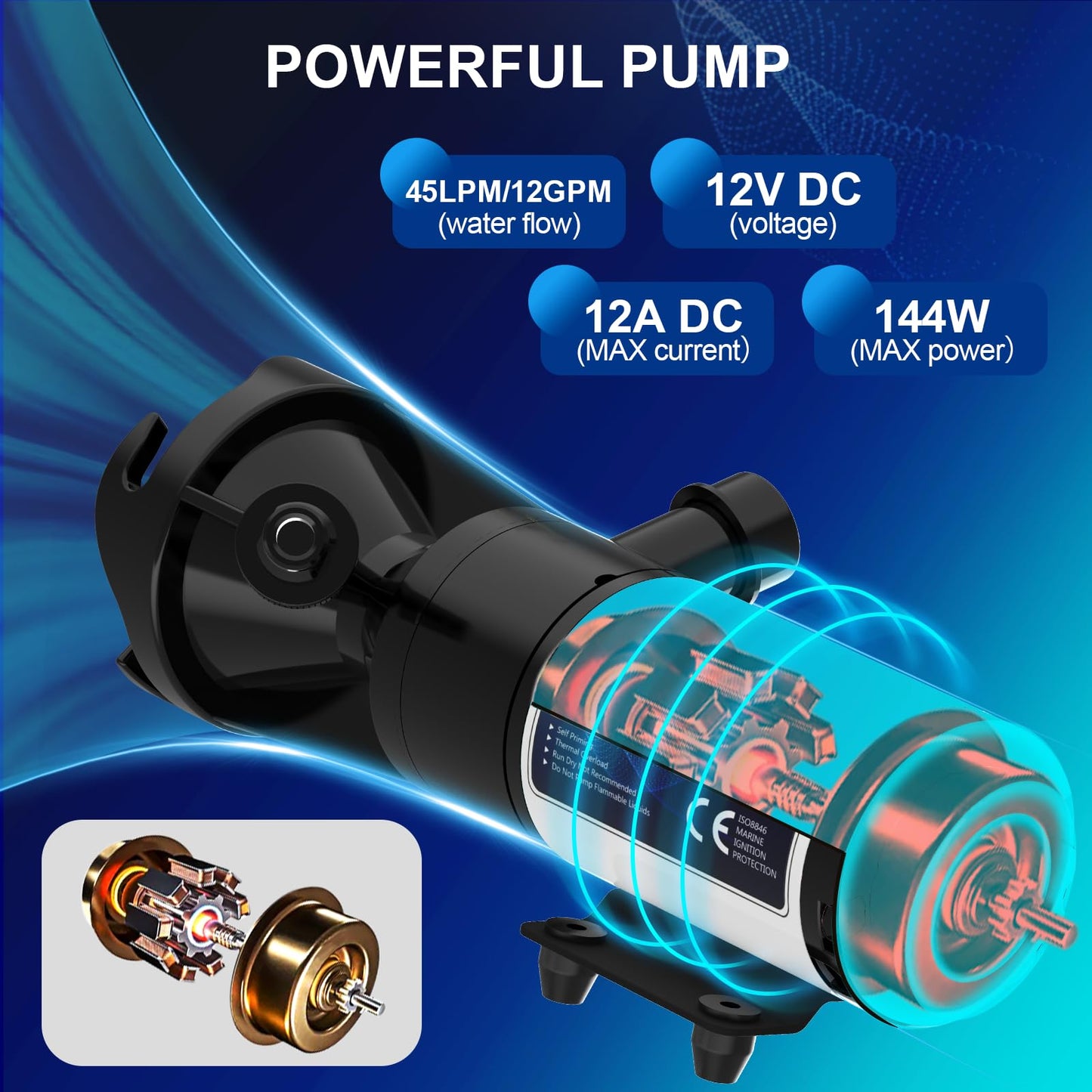 RV Macerator Pump 12V, 12GPM RV Waste Water Pump Self-Priming Sewer Pump with Garden Hose Discharge Port, Quick Release Sewage Pump with 10FT Tubing