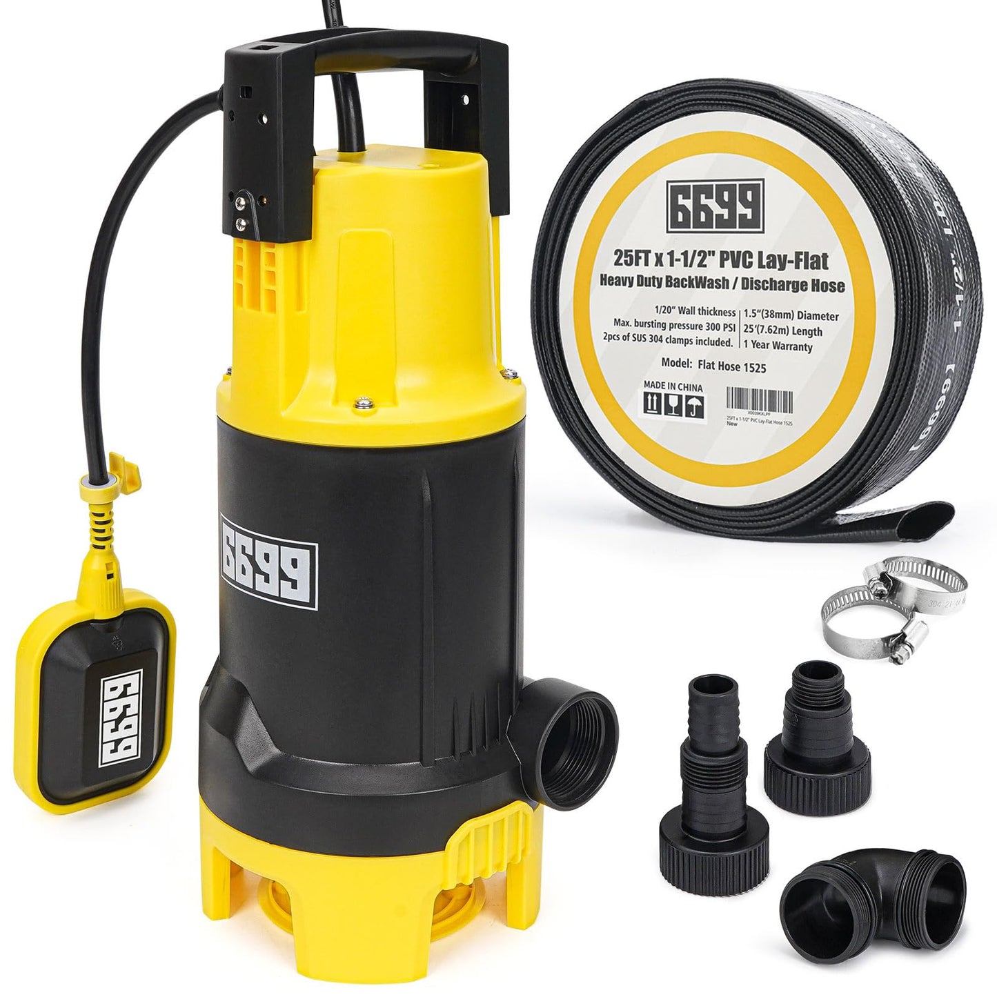 6699 6500GPH Powerful Sump Pump with 1-1/2”Backwash Hose PVC Lay Flat Discharge Hose 1.5HP Sewage Effluent Pump with Float Switch 16FT Power Cord for Flooded House, Sump Pit, Pond Water Removal