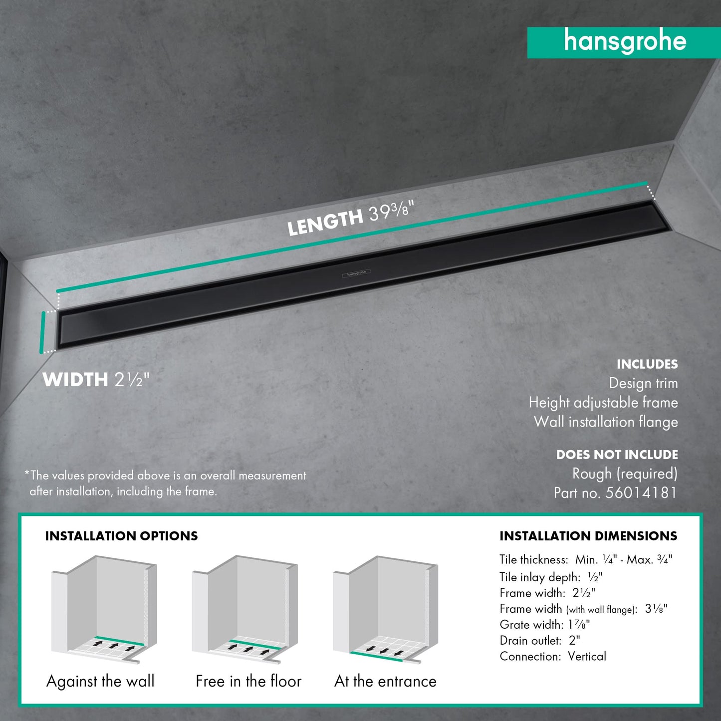 hansgrohe RainDrain Match Linear Tileable Shower Drain for 39 3/8" Rough with Height Adjustable Frame in Matte Black, Stainless Steel Rectangle Shower Floor Drain