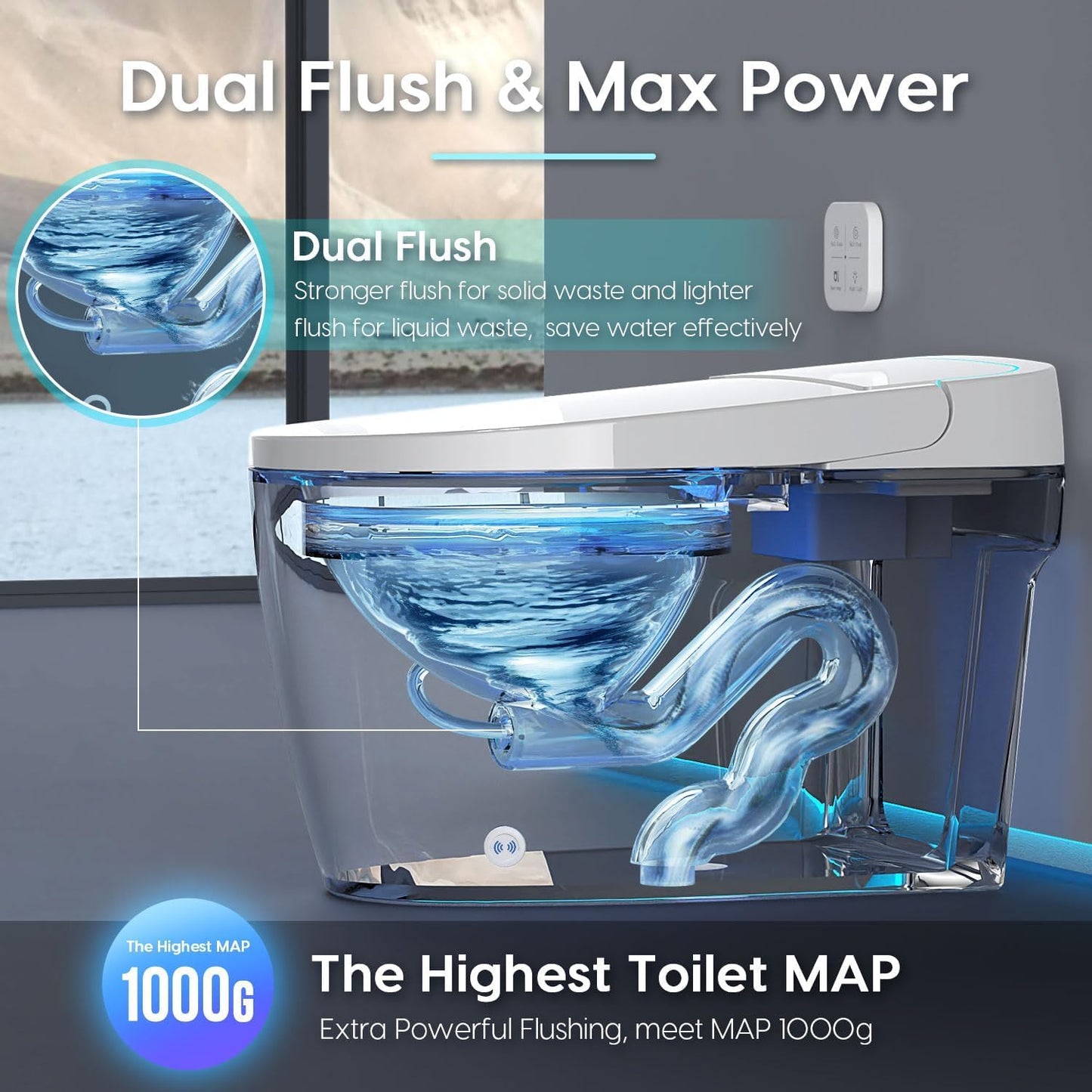 Smart Toilet with Bidet Built-in: Auto Dual Flush Bidet Toilet with Dryer, 4 Wash Options, One Piece Toilet with Child Mode, Heated Seat, Foot Sensor, UV-C Night Light, Pre Wet, Manual Lid/Seat