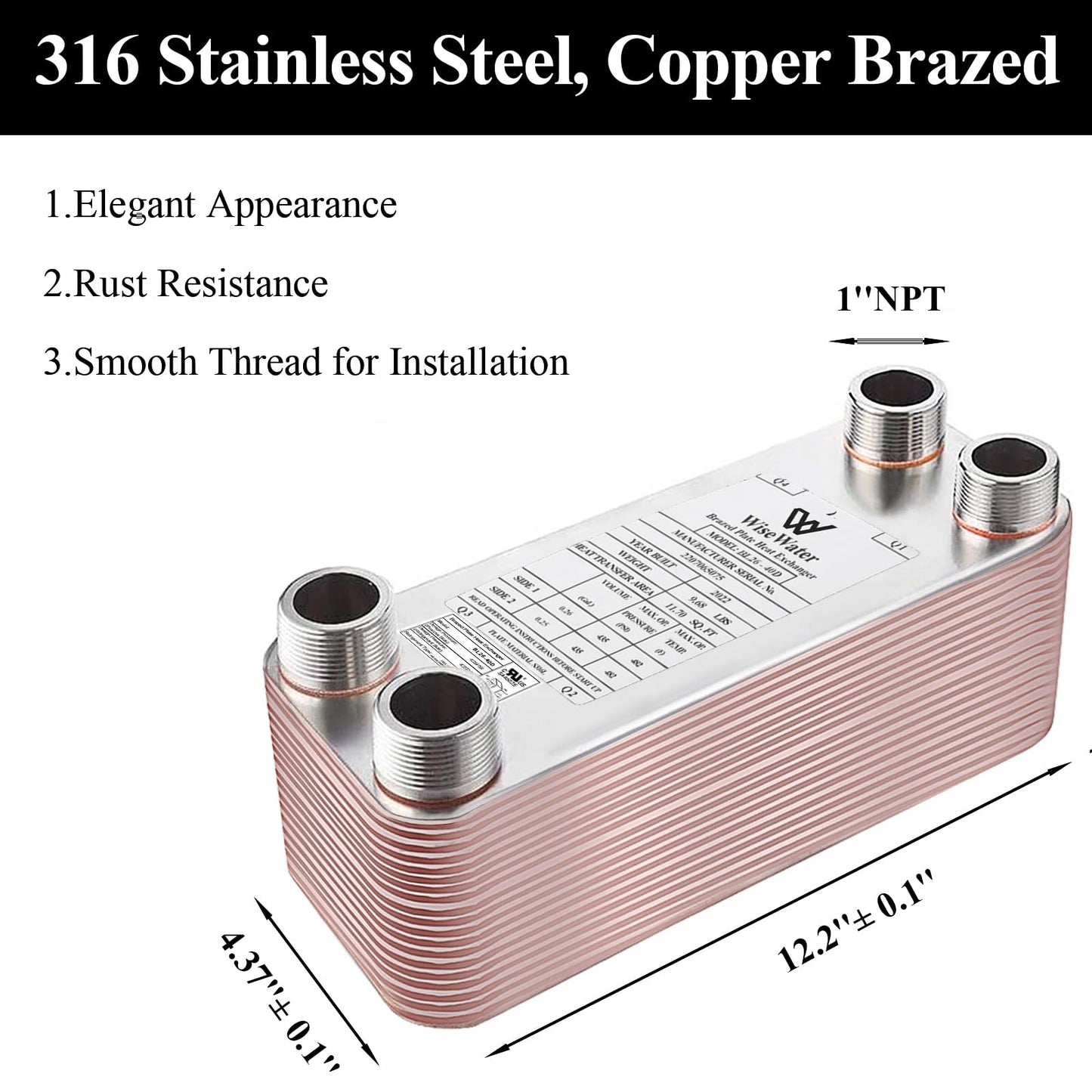 AB Plate Heat Exchanger, 4"x 12" 80 Plates Water To Water Heat Exchanger, Copper/SS316L Stainless Steel Brazed Plate Heat Exchanger For Floor Heating, Water Heating, Snow Melting