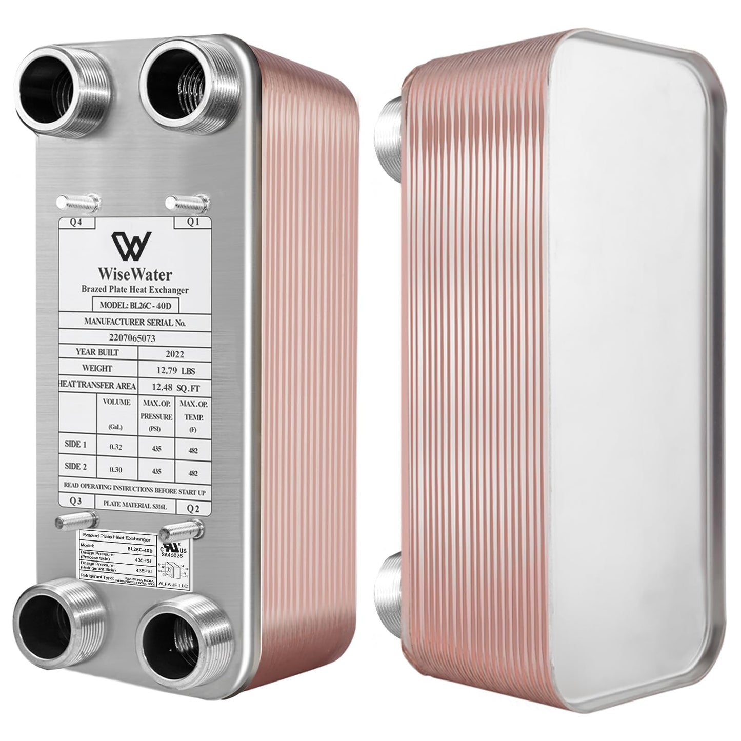 Brazed Plate Heat Exchanger Stainless Steel SS316L 5"x12" 90 Plates 1 1/4" MPT 1,100,000 BTU/hr Hydronic Heating