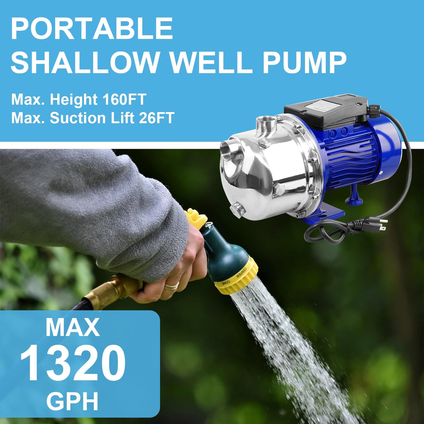 Rioflybee 1.5 HP Shallow Well Booster Pump, 115V 1320 GPH Self-Priming Automatic Booster Jet Pump with 160 FT Head, Stainless Steel Home Water Pressure Pump for Garden Lawn Farm