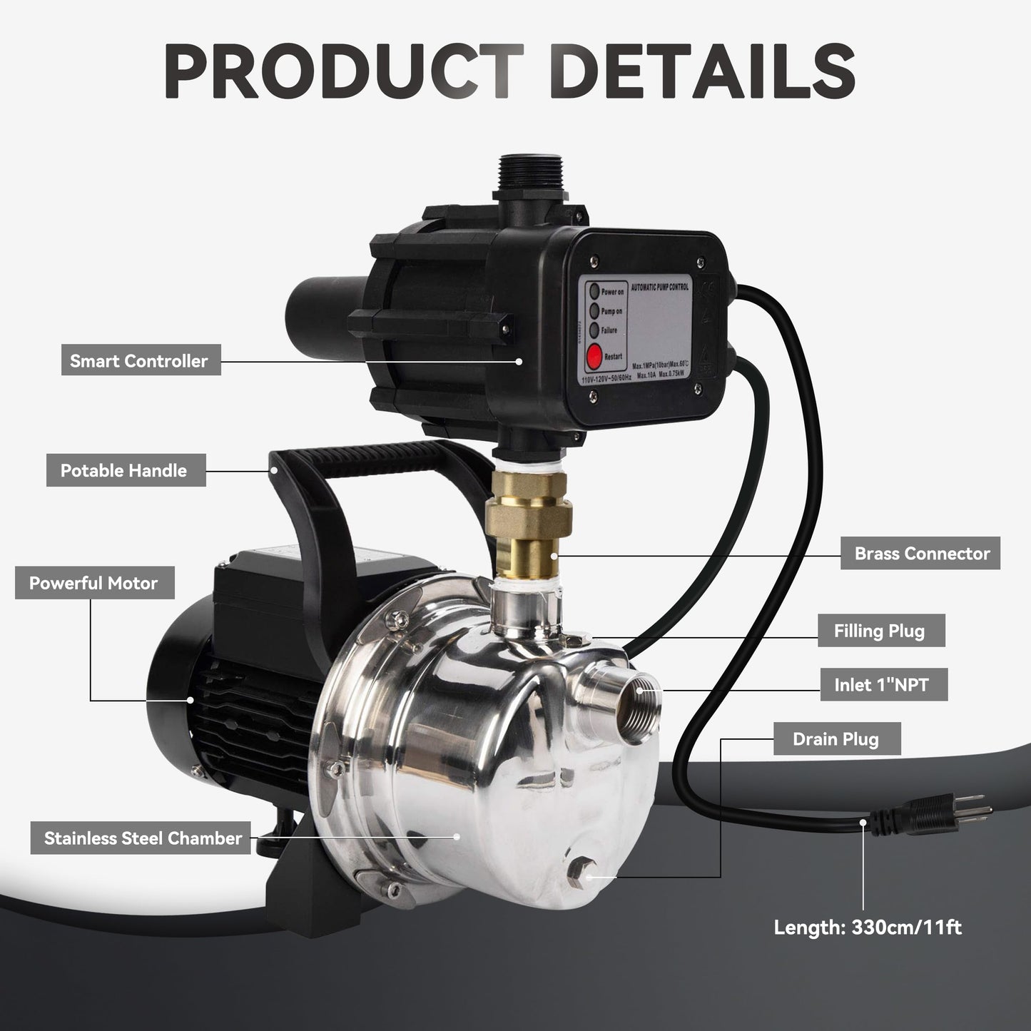 BACOENG Auto ON/OFF Stainless Steel Water Pressure Booster Pump w/Smart Controller for Tankless Water Supply Pressurization