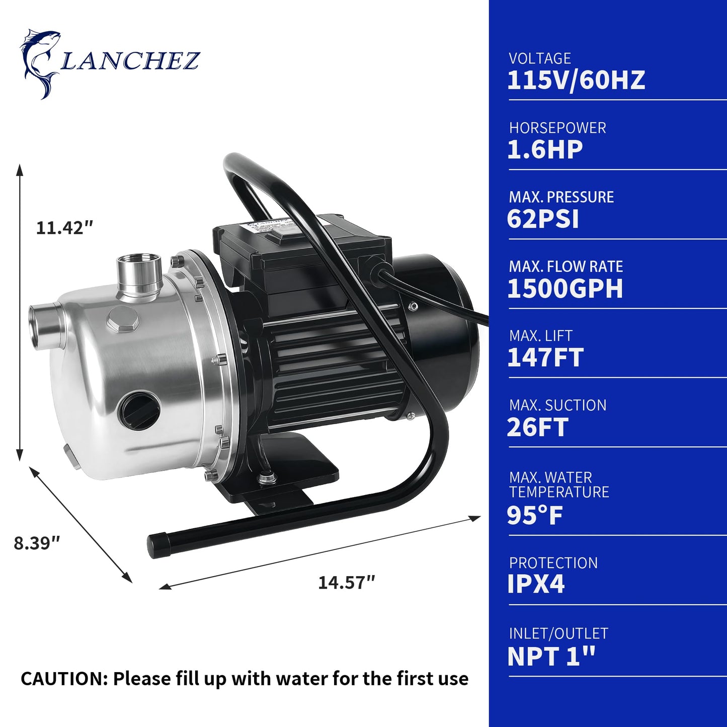 LANCHEZ Shallow Well Pump, Stainless Steel Water Transfer Pump, 115V Garden Irrigation Pump, Water Booster Jet Pump for Home Garden Lawn Farm, Silver