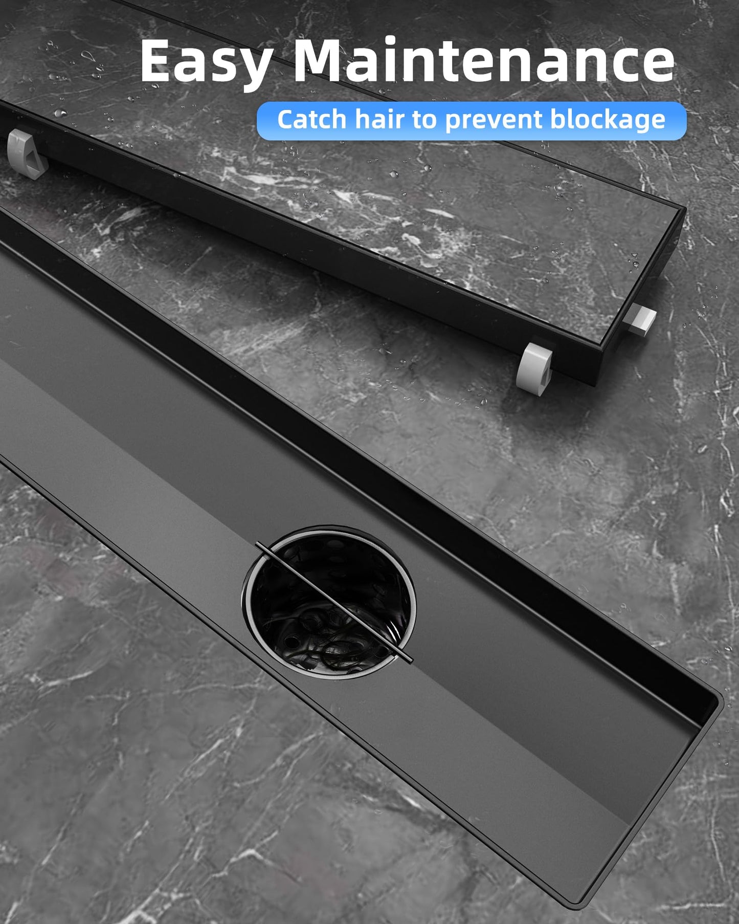HTOH Shower Drain Offset Outlet for Bathroom: 48-Inch Black Linear Shower Drain with Removable Tile Insert Grate - 304 Stainless Steel Rectangular Shower Floor Drain Side Outlet with Hair Catcher