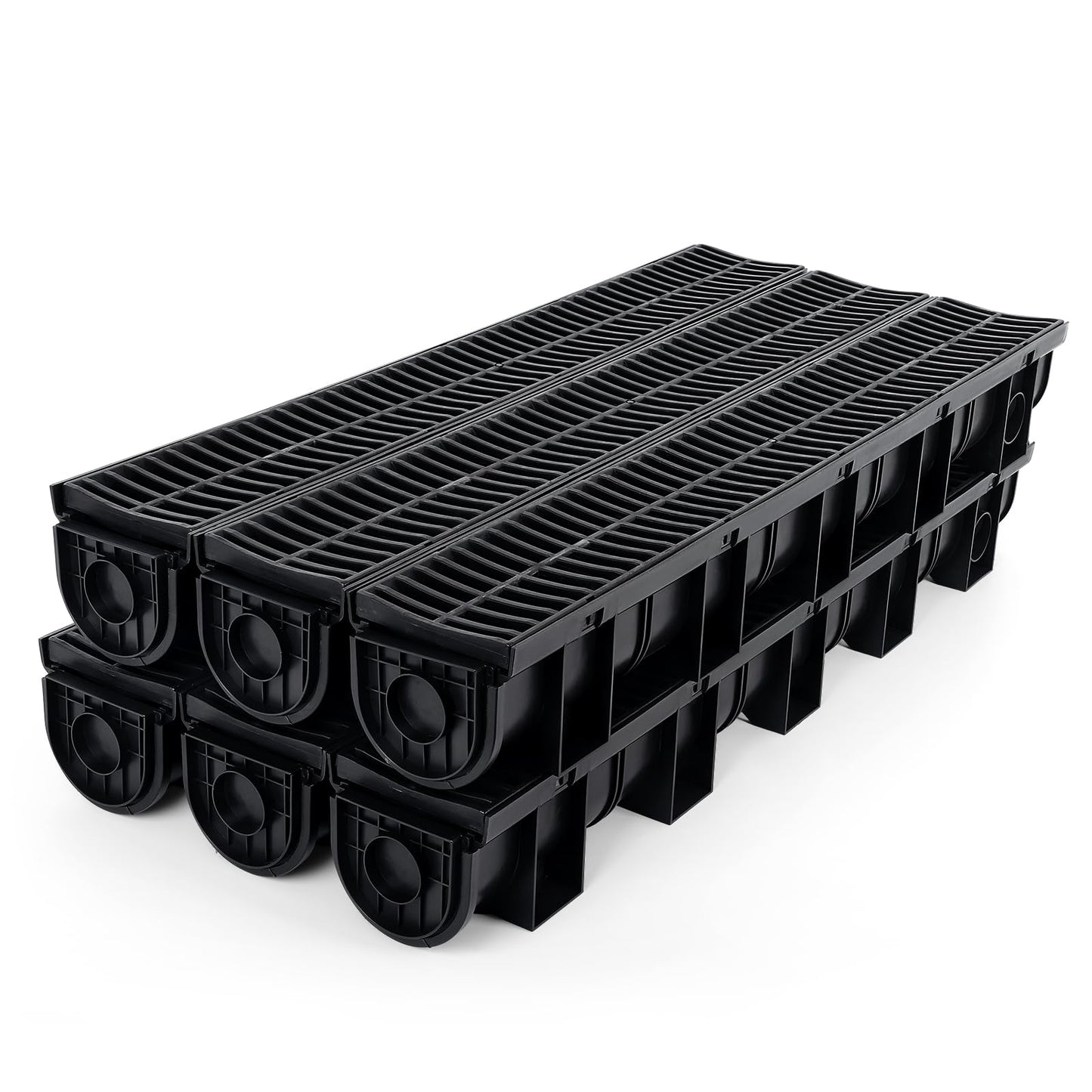 Trench Drain System with Plastic Grate, 6 Pack 5.9x5.1 Inch HDPE Channel Drain, Outdoor Trench Drainage for Driveway, Swiming Pool, Garden, Effortless Installation, Black