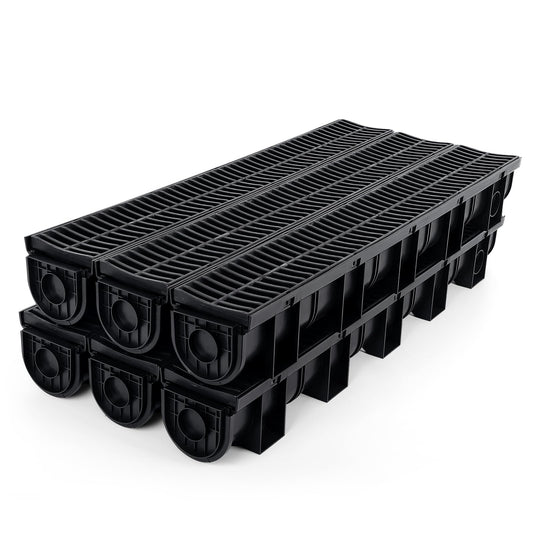Trench Drain System with Plastic Grate, 6 Pack 5.9x5.1 Inch HDPE Channel Drain, Outdoor Trench Drainage for Driveway, Swiming Pool, Garden, Effortless Installation, Black