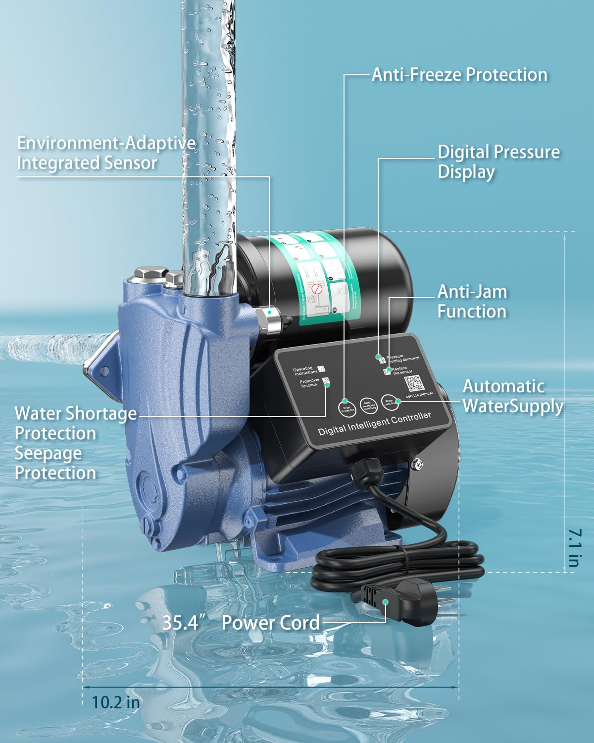 MENIIO 1.5HP Water Pressure Booster Pump, 110V Stainless Steel Automatic Booster Pump with Digital Pressure Display, 1800GPH High Flow, 130FT Max Head for Home, Garden & Irrigation