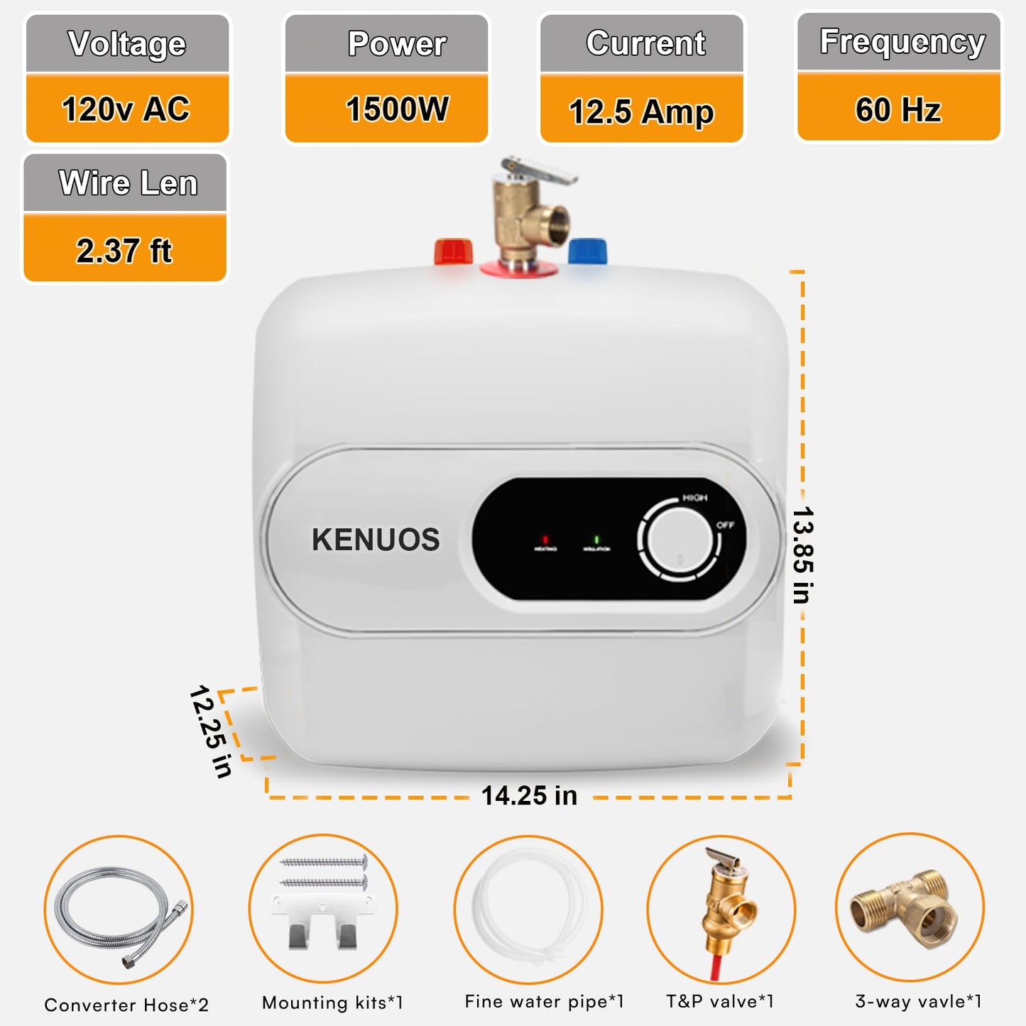 KENUOS 4 Gallon Water Heater Under Sink Instant Hot Water Heaters 1500W 110V 120V Mini Tank,Under Counter Water Heater with Safety Vavle 1/2" NPT for Kitchen,Bathroom,Camper,RV,White