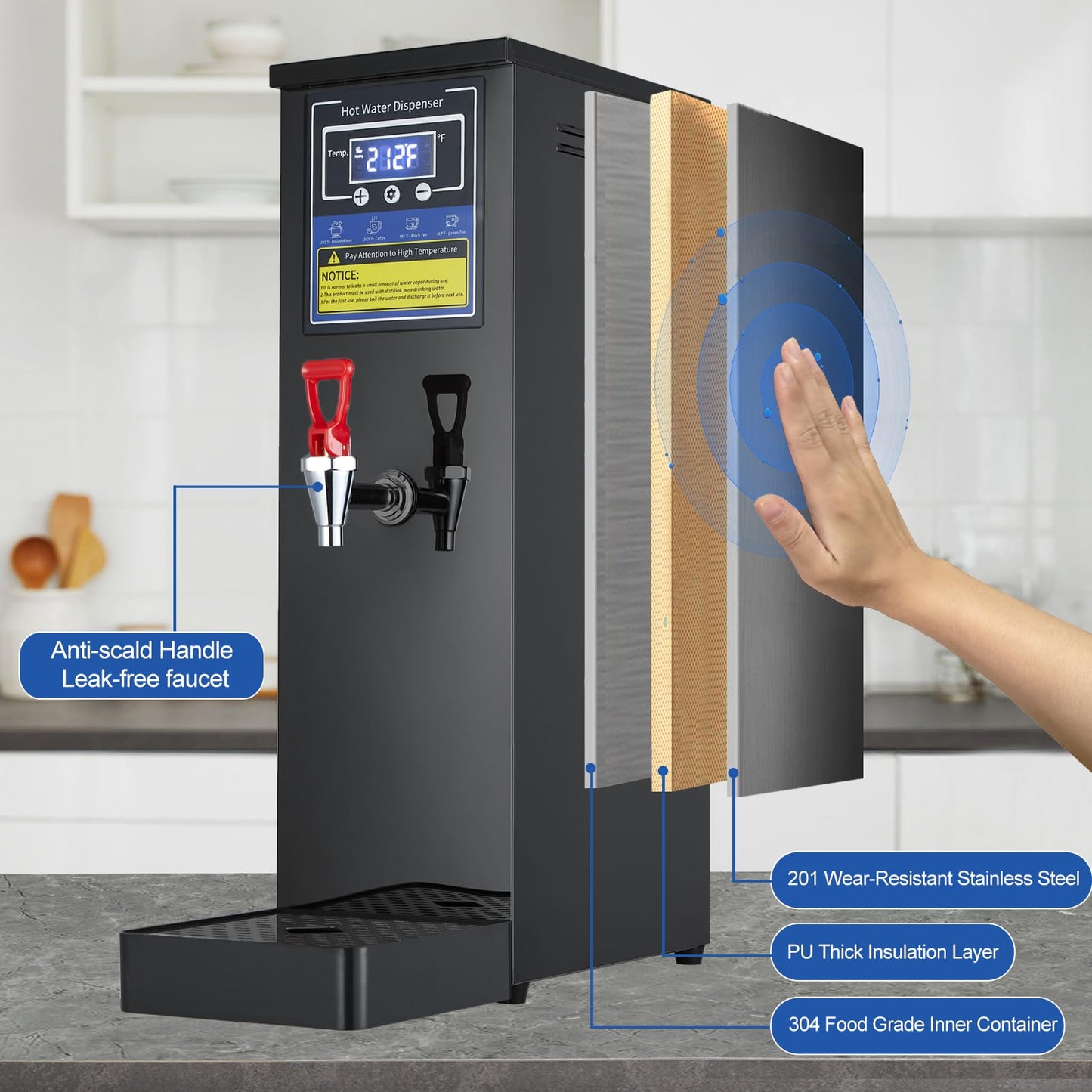Commercial Hot Water Dispenser Commercial Water Boiler Electric Countertop Hot Water Machine Black 30L(8GAL)/Hour Step-heating Temperature Control 86-212°F for Boba Tea Coffee Office Restaurant 1600W