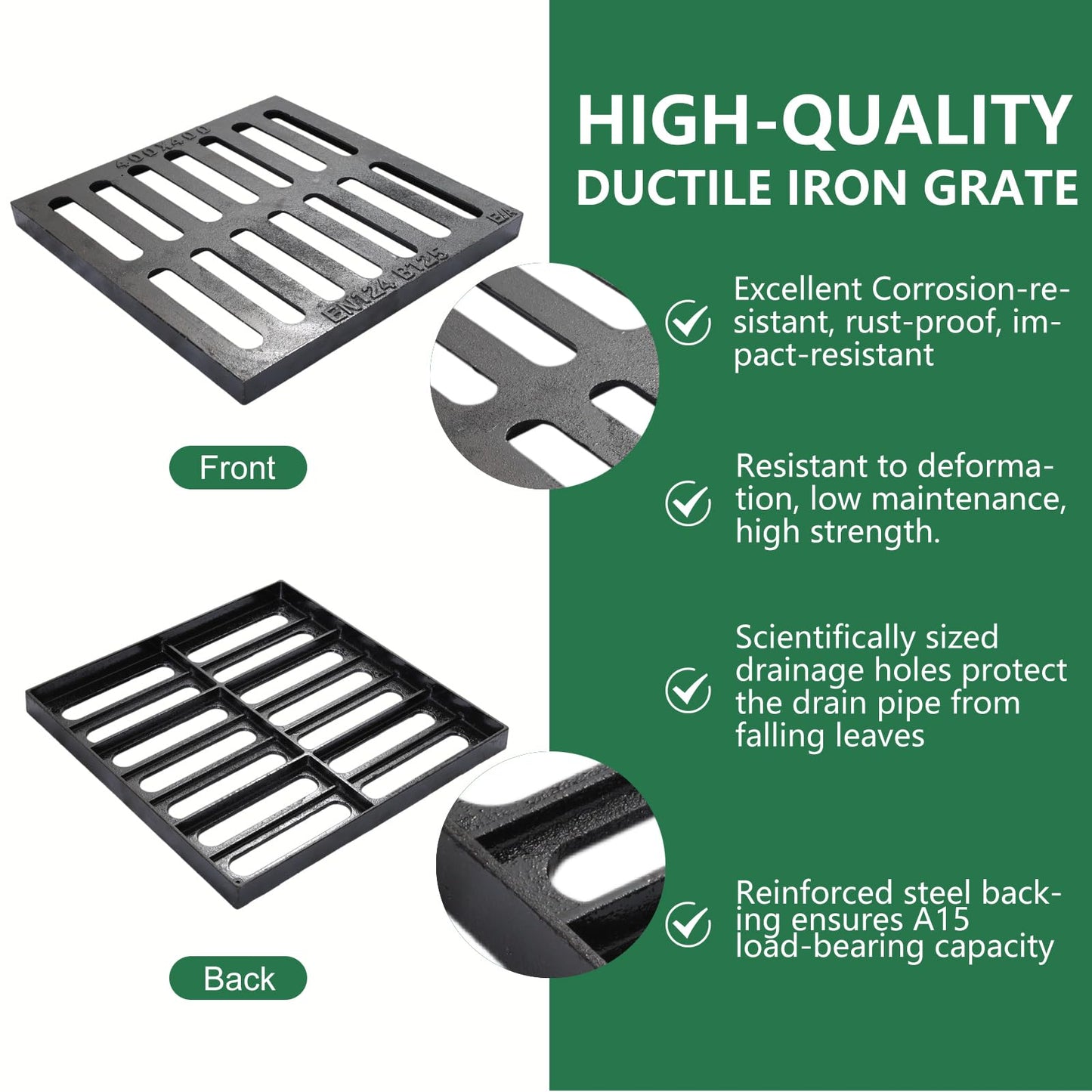 Catch Basin with Cast Iron Grate,18x18x15in Heavy Duty Catch Basin for Drainage with Debris Basket, Square French Drain Basin Without Reserved Hole for Driveway,Yard, Patio,Downspou, Lawn Commercial.