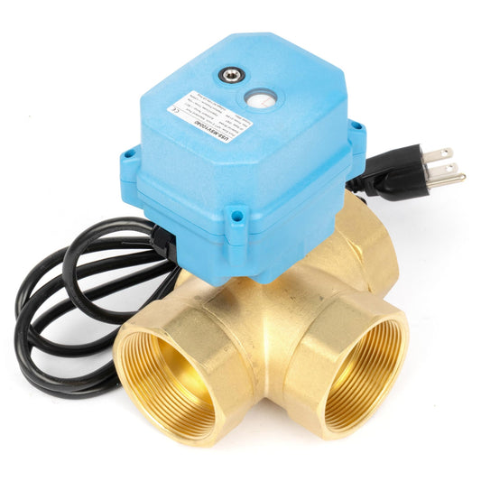 U.S. Solid 2 Inch 3-Way Motorized Ball Valve 110V AC, Brass L-Type Electric Diverter Valve, NPT, Manual Override, Auto Return, IP67 Waterproof, for HVAC, Irrigation, Solar & Water Filtration