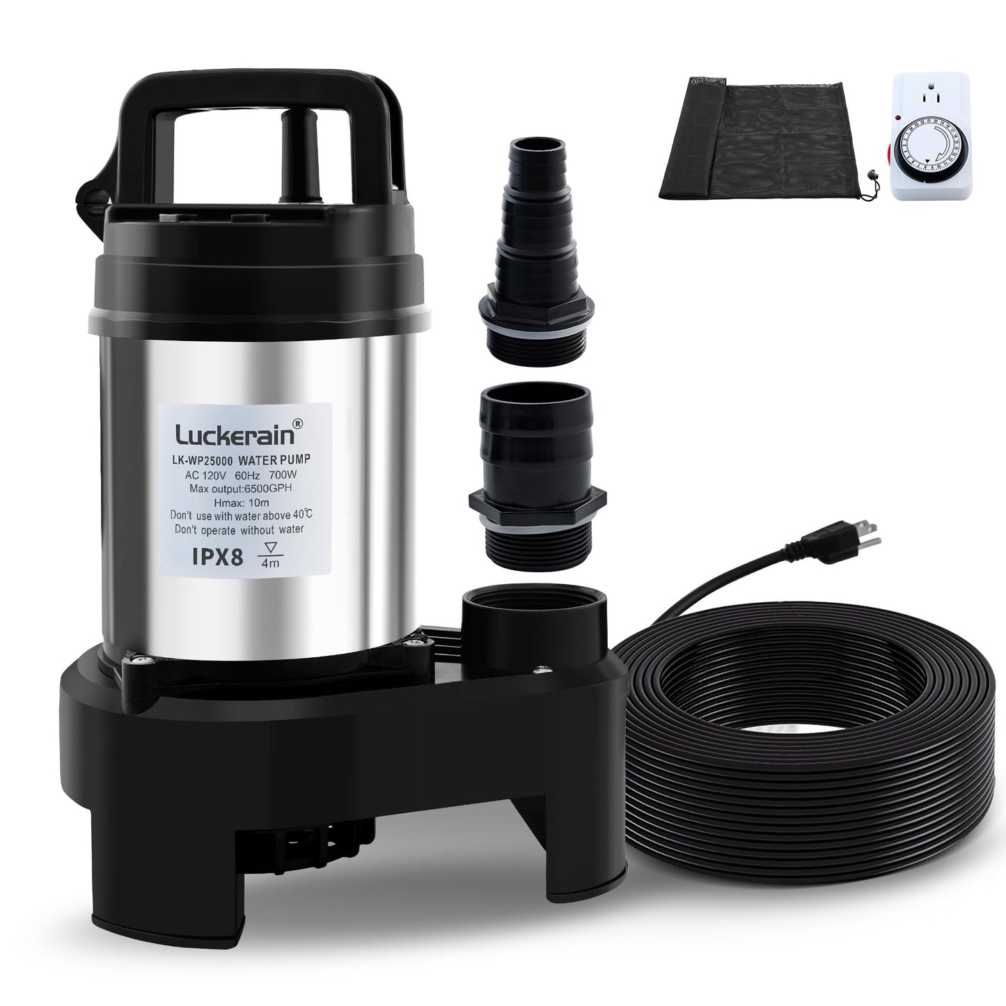 Sump Pump 1HP Stainless Steel Sewage Pump 6500 GPH Pond Pumps for Outdoor Ponds,Free Control Timer Submersible Pump for Pool,Sump Basin,Basement and Outdoor Drainage, 50ft Cord,2'' NPT Discharge