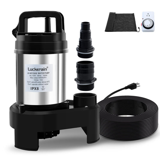 Sump Pump 1HP Stainless Steel Sewage Pump 6500 GPH Pond Pumps for Outdoor Ponds,Free Control Timer Submersible Pump for Pool,Sump Basin,Basement and Outdoor Drainage, 50ft Cord,2'' NPT Discharge