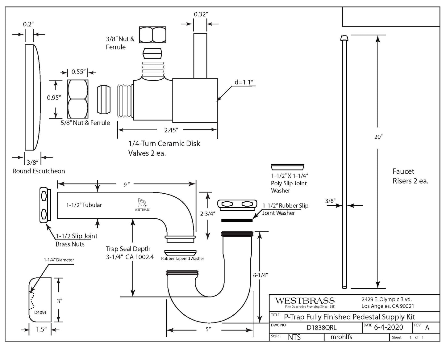 Westbrass A1838QRL-62 Freestanding Pedestal Sink Faucet Supply Line Risers with P-Trap, Flanges and 1/4-Turn Lever Handles, Matte Black