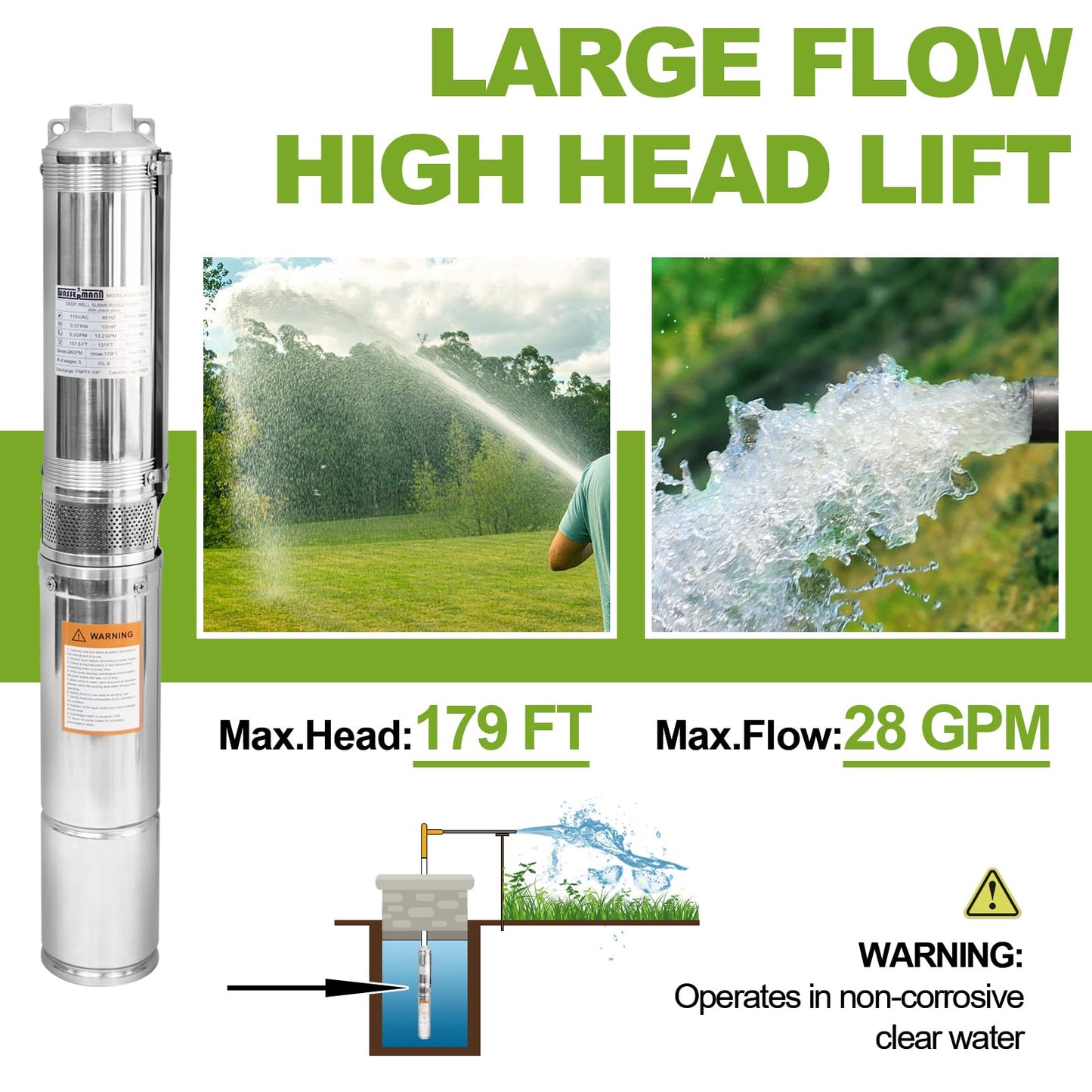 WASSERMANN 4" Deep Well Pump Submersible Well Pump with 10FT Cable,1/2HP,115V/60Hz,28GPM,179FT Head,Stainless Steel Submersible Borehole Well Water Pump for Home Farmland Irrigation and Factories
