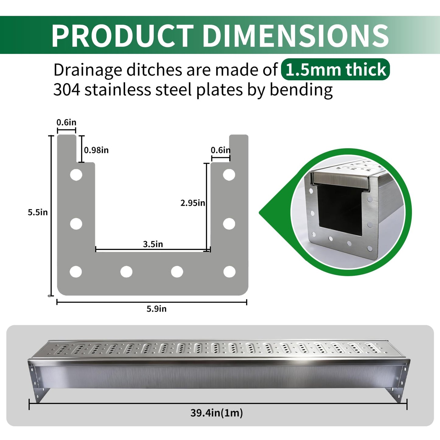 304 Stainless Steel Channel Drain with Drain Grate,39.4Lx5.9Wx5.5H in A15 Deep Profile Trench Drain System for 3”Pipe.Channel Drain Kit for Patios, Commercial, Pool Decks, Walkways,Yard Drainage.