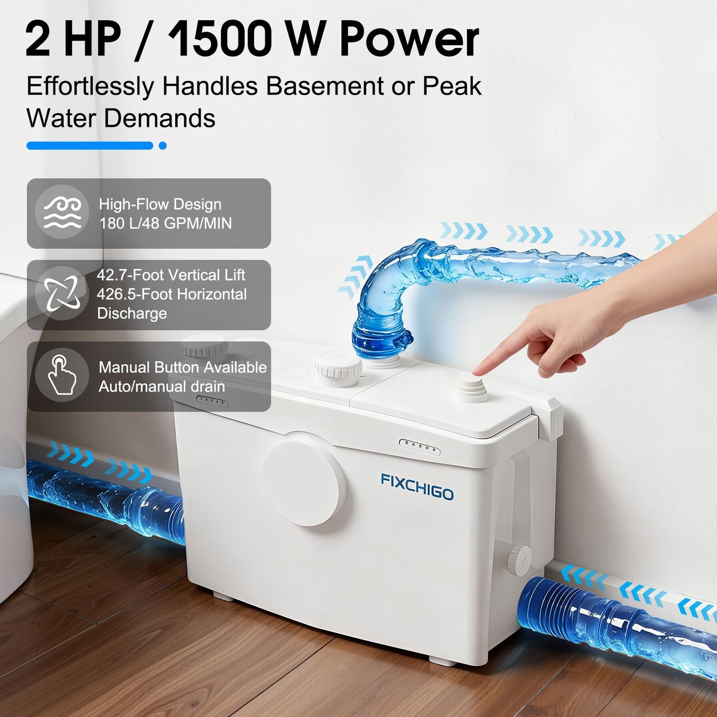 FIXCHIGO 1500W Macerator Pump, Macerating Toilet System with 4 Inlets/2 Outlets, 48 GPM Flow, 42.7 FT Head, PCB Smart Control Sewage Pump for Basement, Sink, Toilet, Laundry, Kitchen