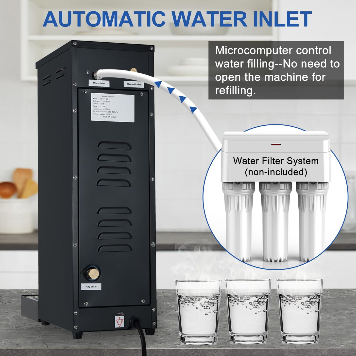 Commercial Hot Water Dispenser Commercial Water Boiler Electric Countertop Hot Water Machine Black 30L(8GAL)/Hour Step-heating Temperature Control 86-212°F for Boba Tea Coffee Office Restaurant 1600W